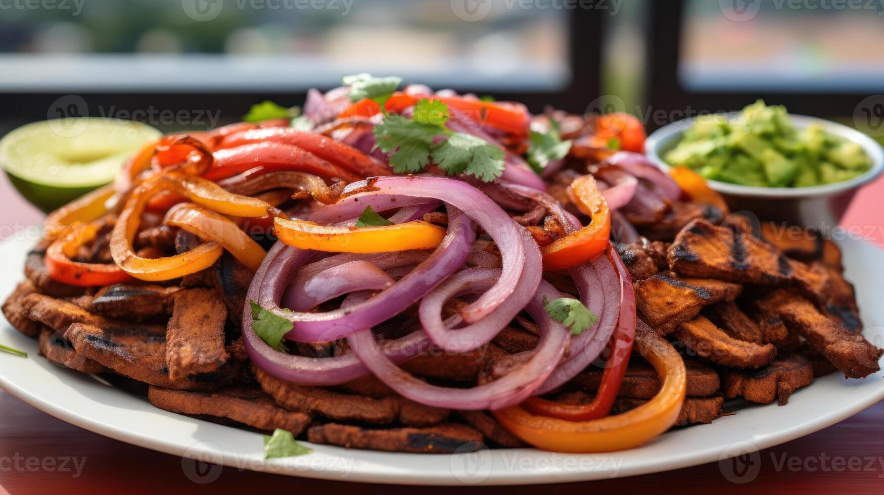 Grilled beef with onions, peppers, and guacamole. photo