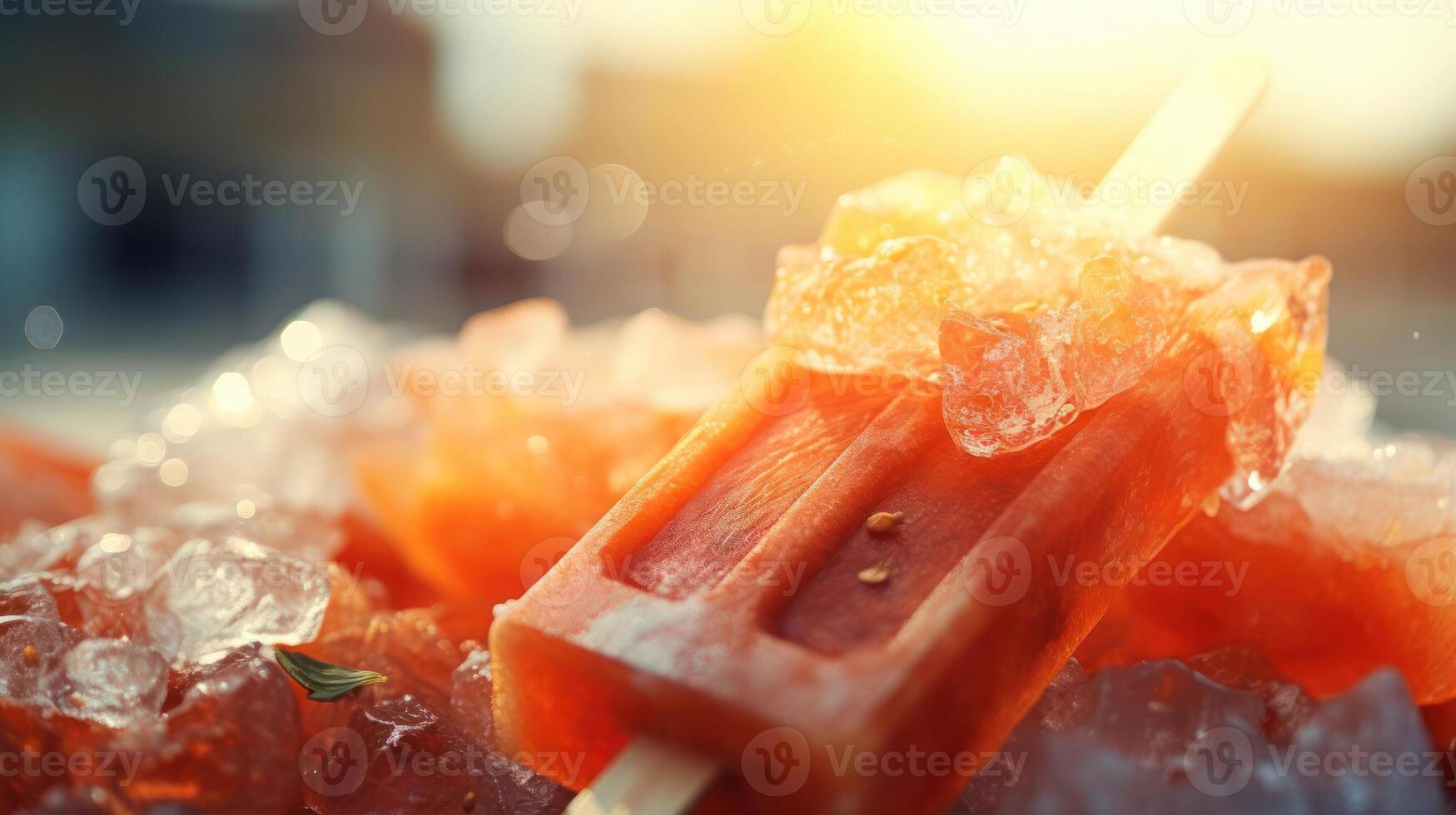 Refreshing popsicle on ice, summer treat, close-up view. photo