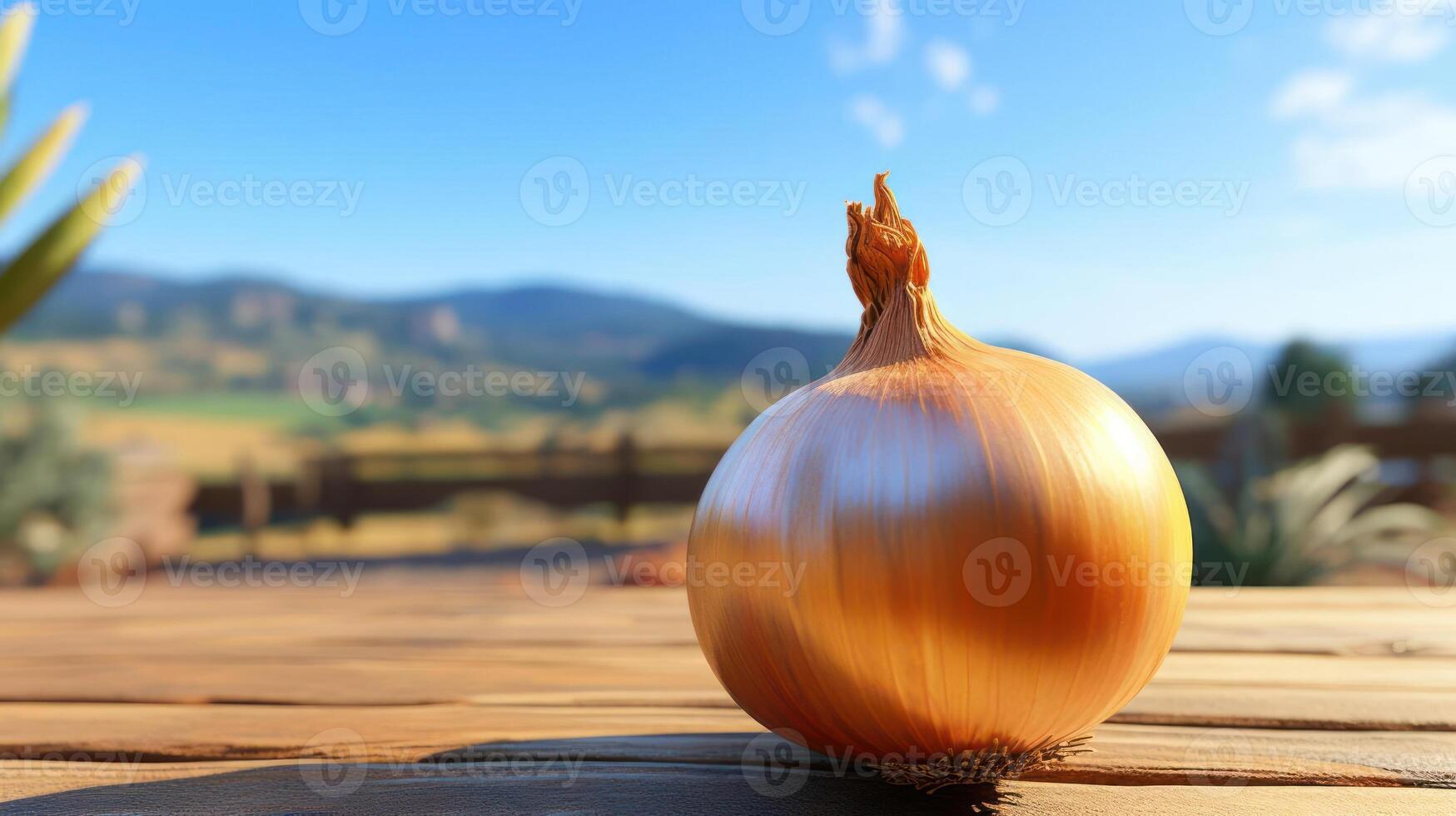A single onion sits on a wooden surface with a blurred background. photo
