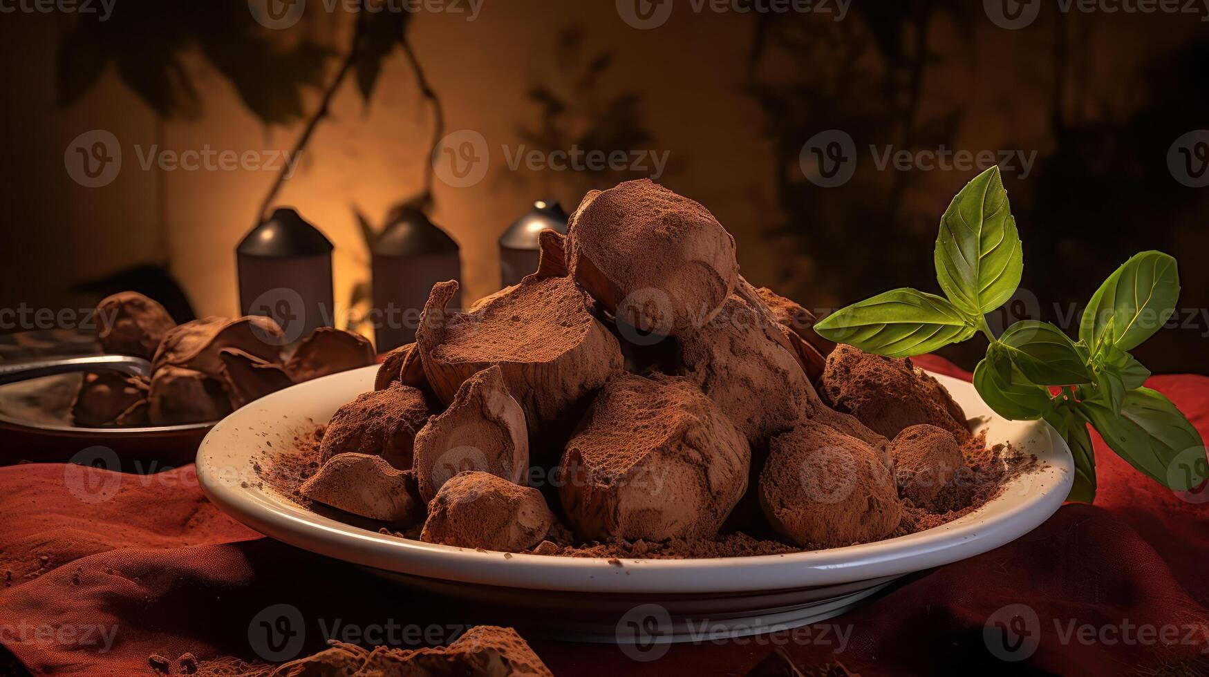 Chocolate truffles on a plate with cocoa powder and basil. photo