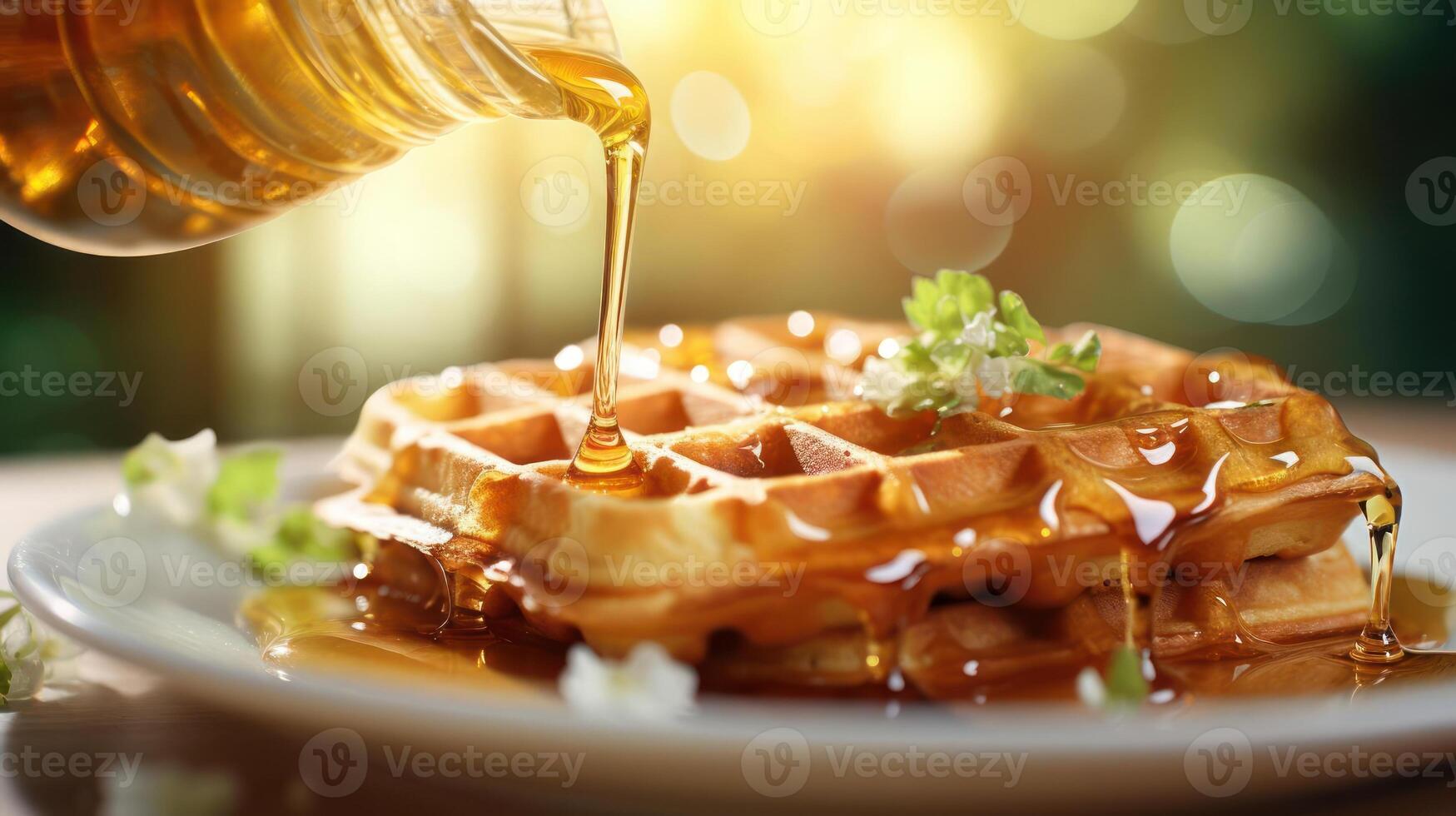 Waffles with honey drizzle, a delicious breakfast treat. photo