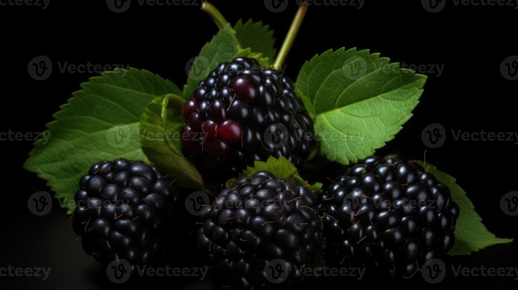 Ripe blackberries with leaves, dark background, close-up view. photo