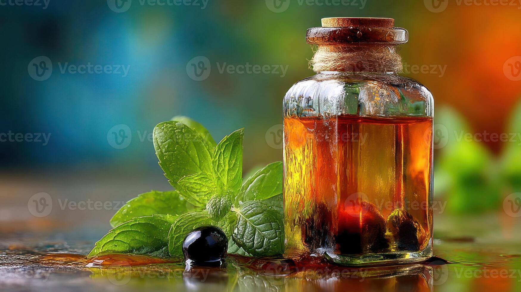 Herbal oil infusion with mint and berries, natural wellness. photo