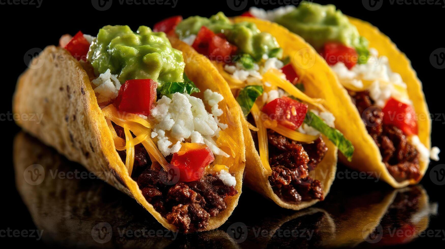 Delicious tacos with beef, cheese, tomato, and guacamole. photo