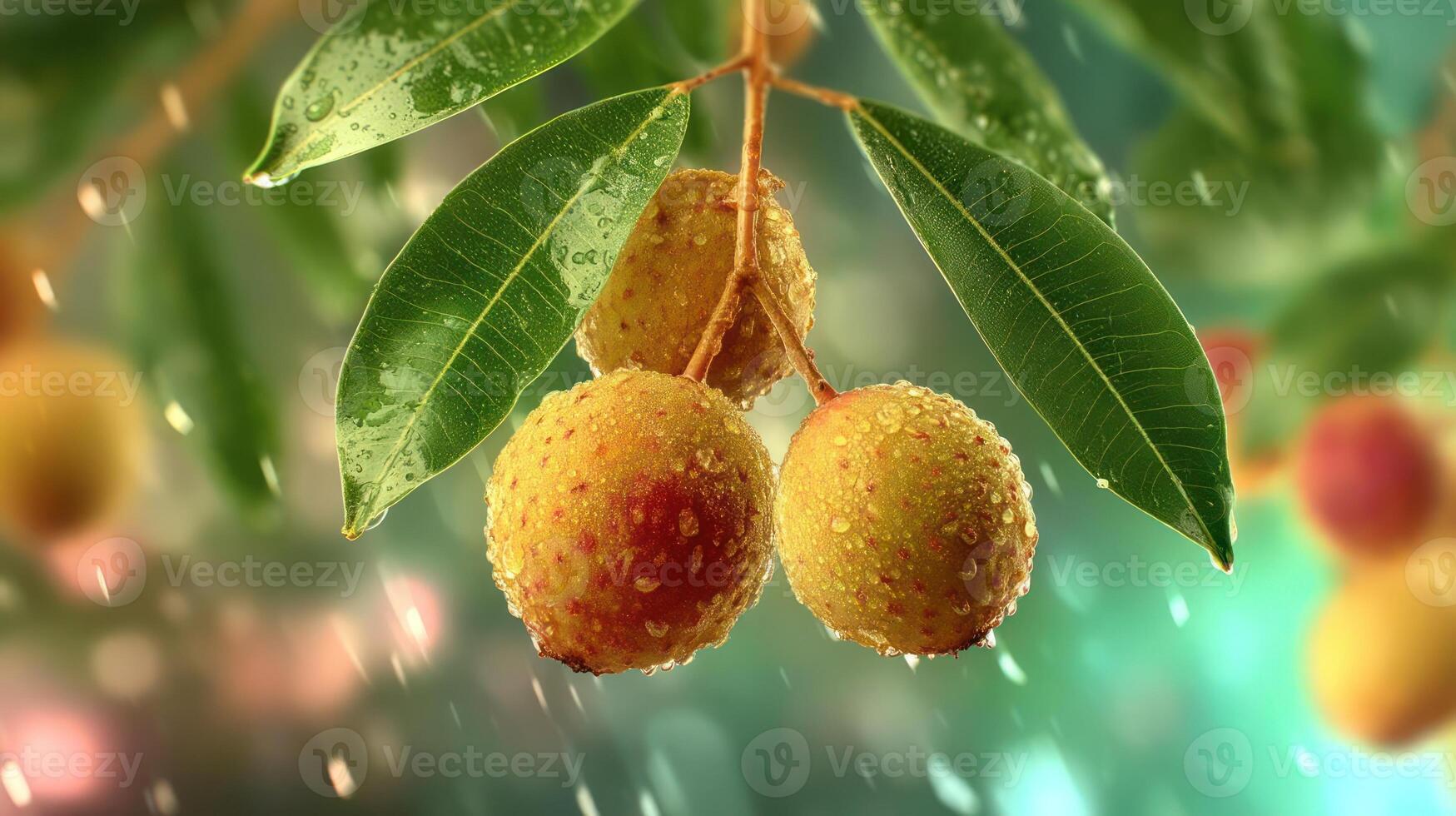Lychee fruit with raindrops on leaves, vibrant green background. photo