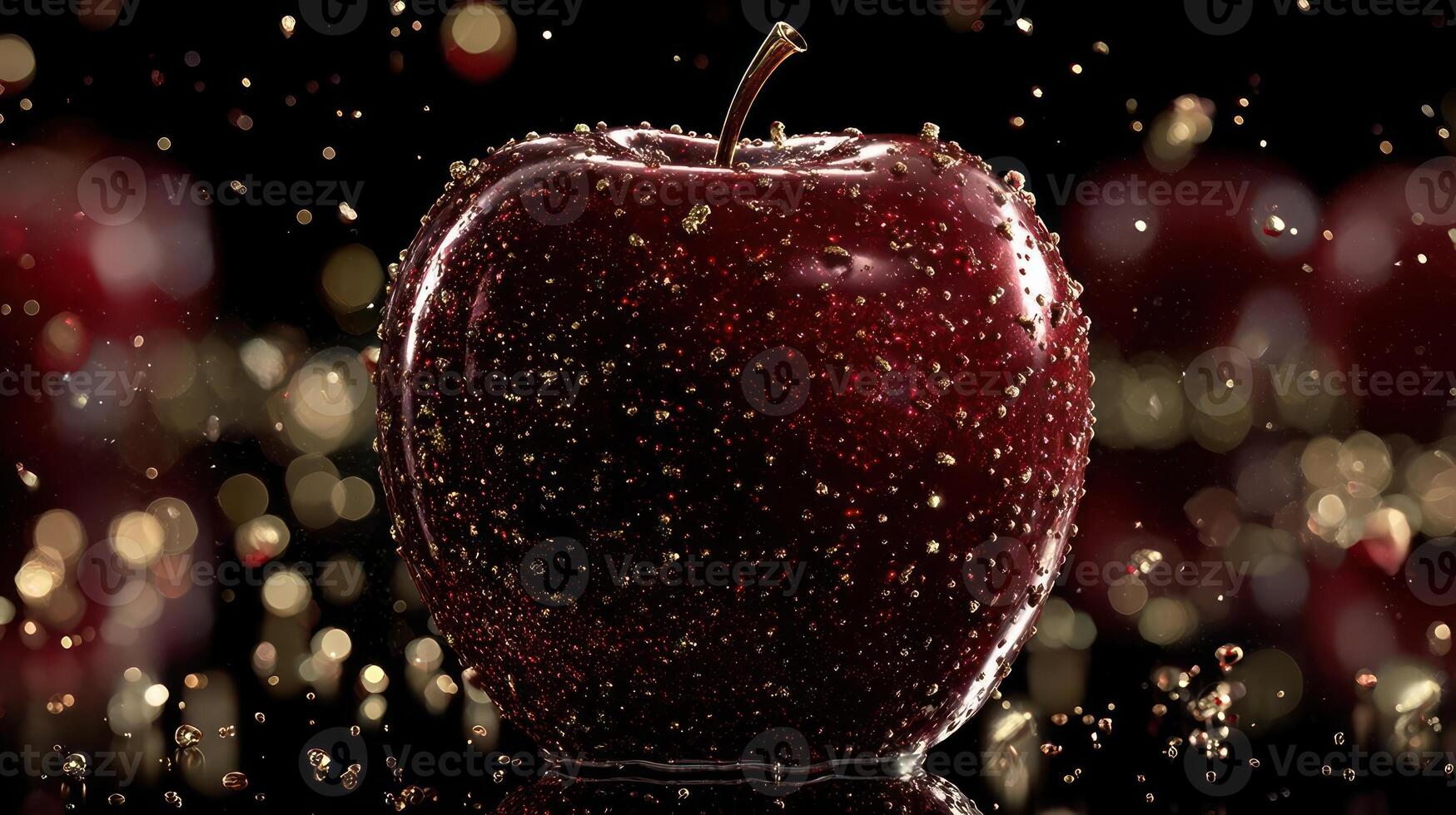 Dewy red apple with bokeh lights in the background. photo