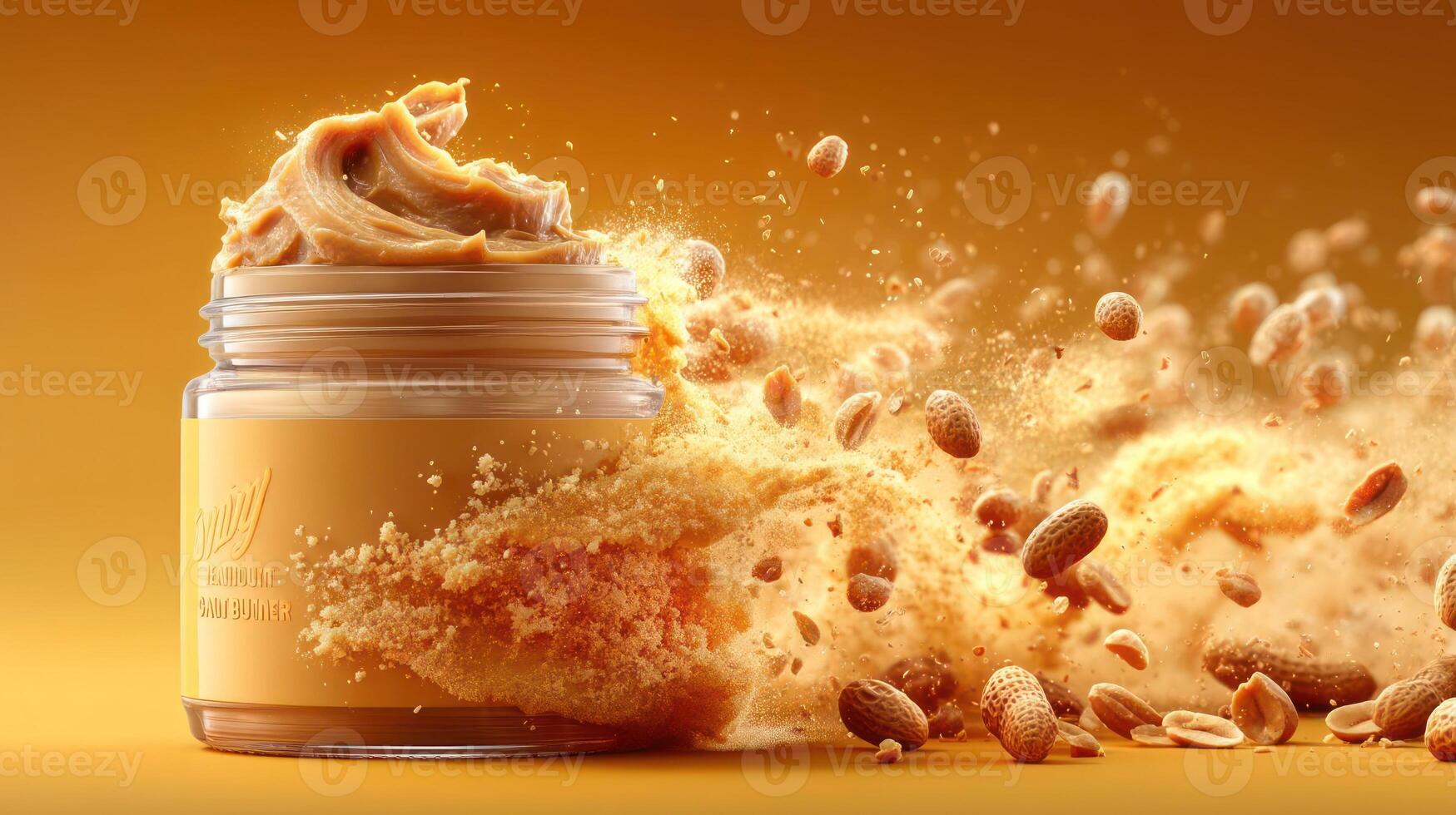 Peanut butter jar with flying peanuts, vibrant and delicious. photo