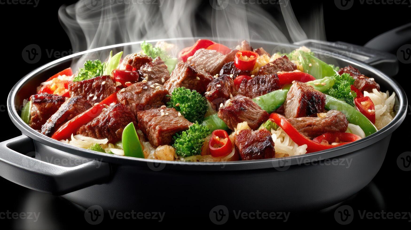 Beef stir-fry with vegetables in a pan. photo
