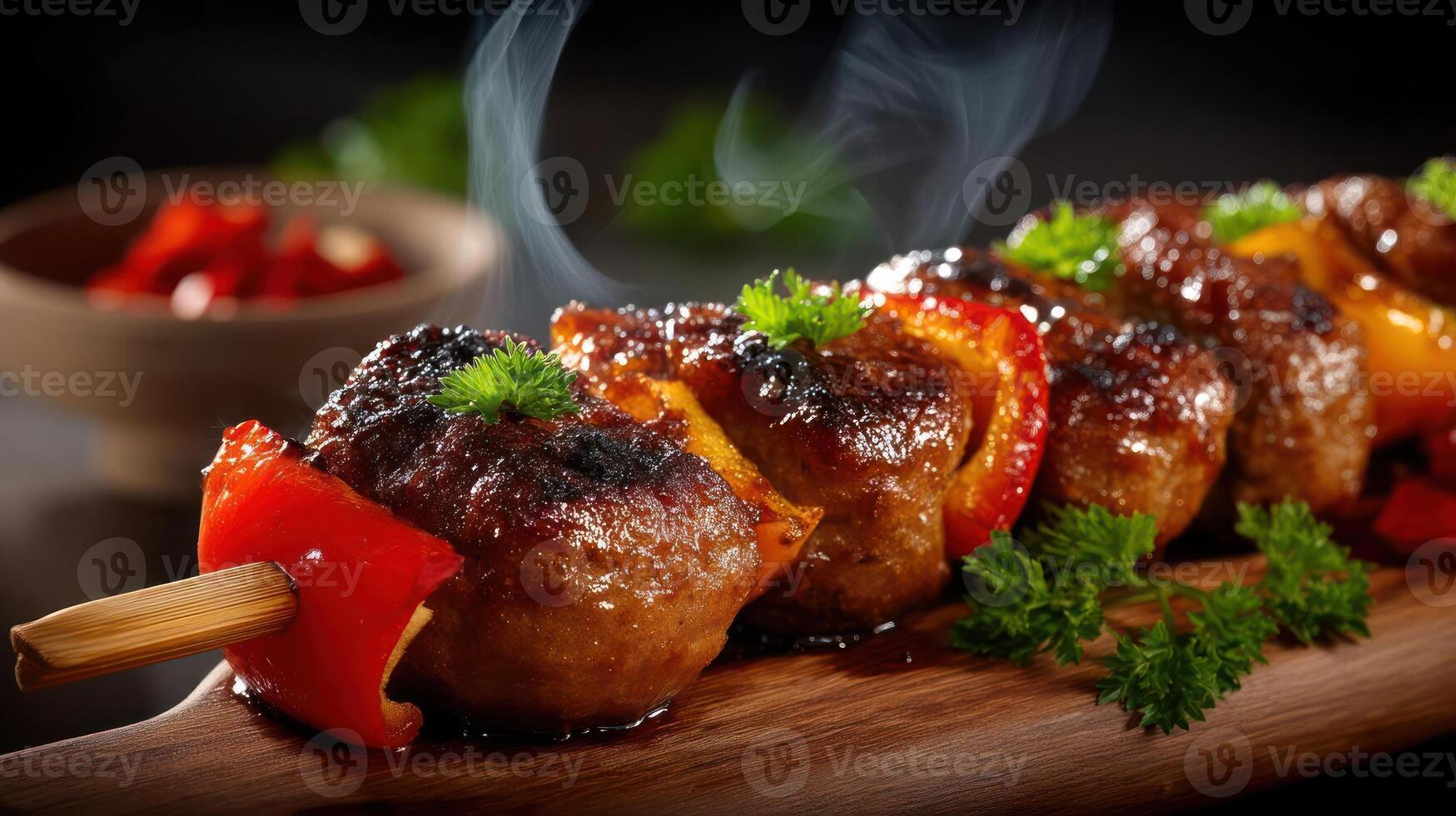 Delicious grilled meat skewers with herbs and red peppers. photo