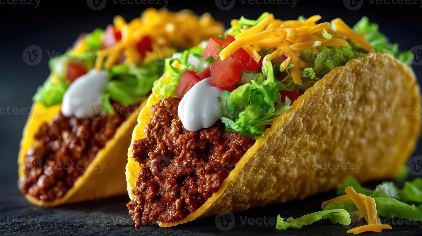 Delicious tacos with meat, cheese, lettuce, and tomato. photo