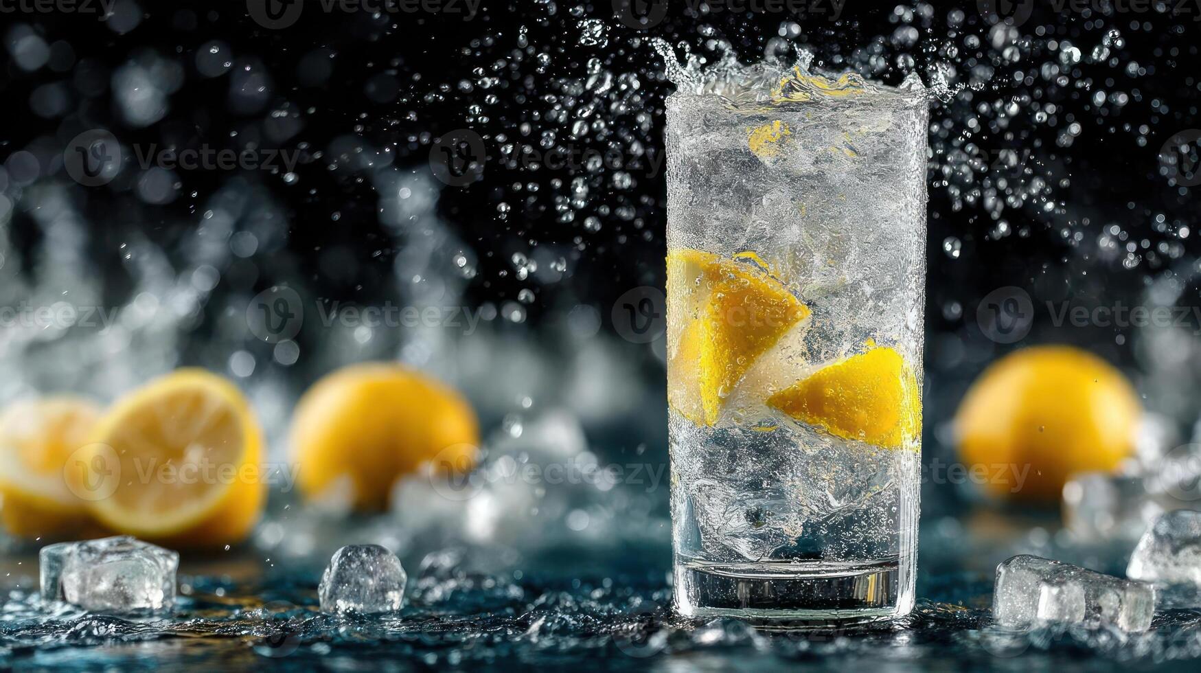 Refreshing orange sparkling water with ice and splash. photo