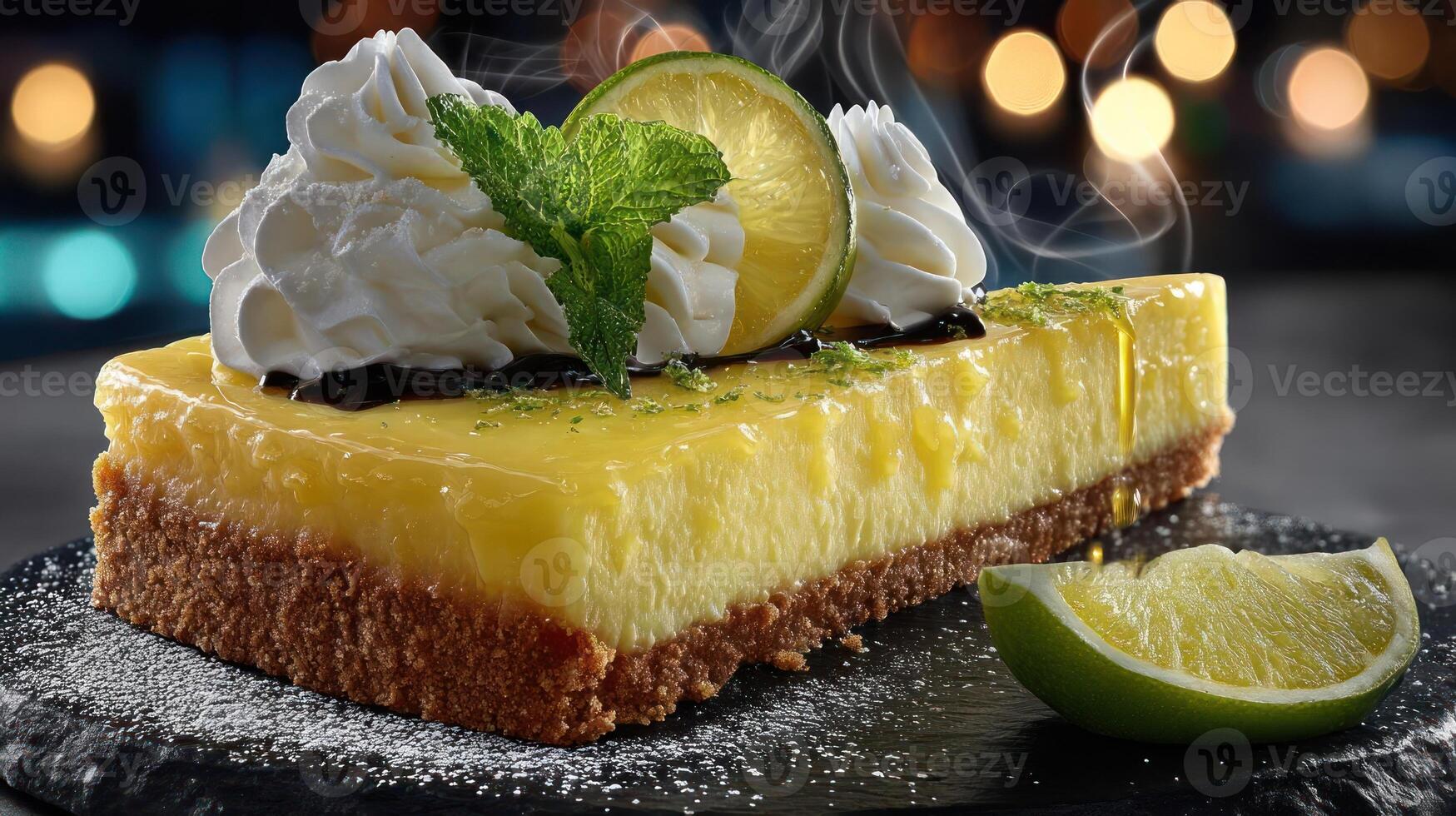 Key lime pie with whipped cream and lime slices. photo