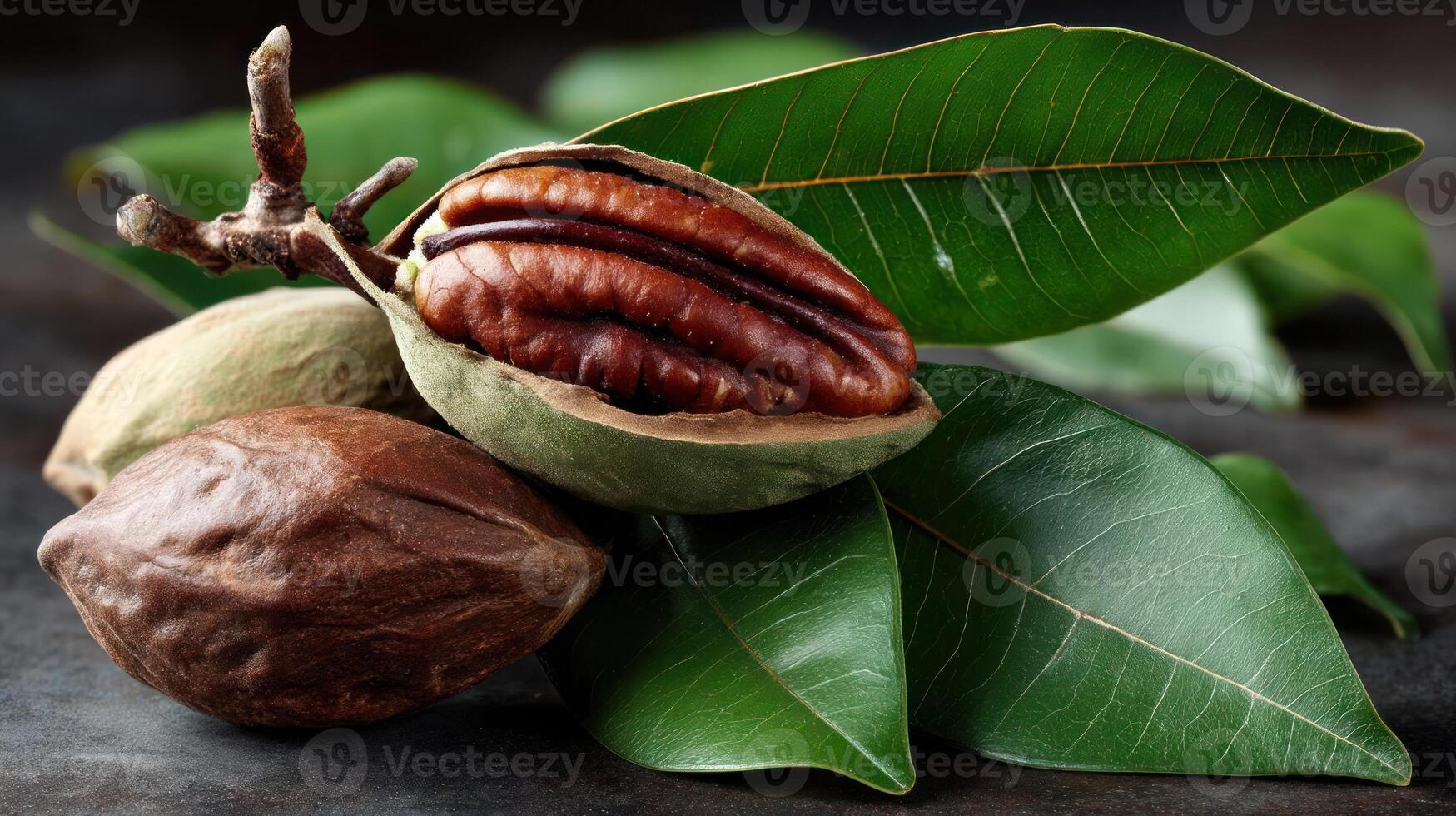 Pecans in their shells with vibrant green leaves. photo