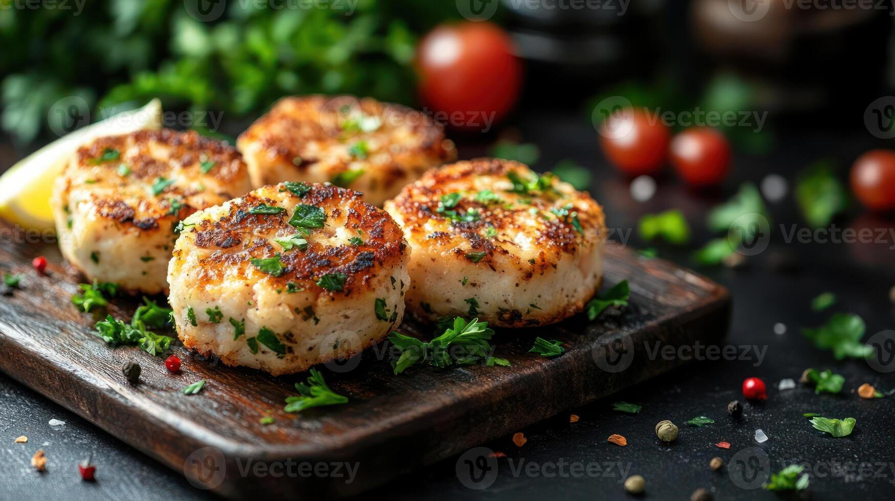 Delicious crab cakes on a wooden board with parsley. photo