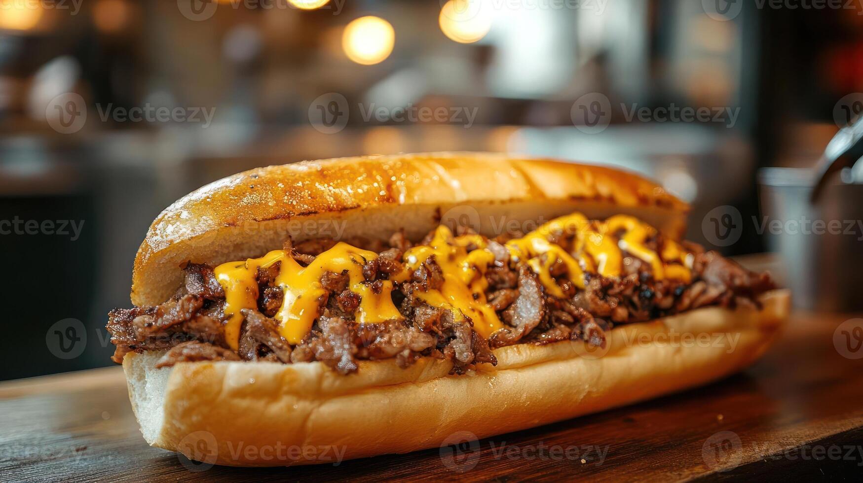 Delicious steak sandwich with melted cheese, a savory delight. photo