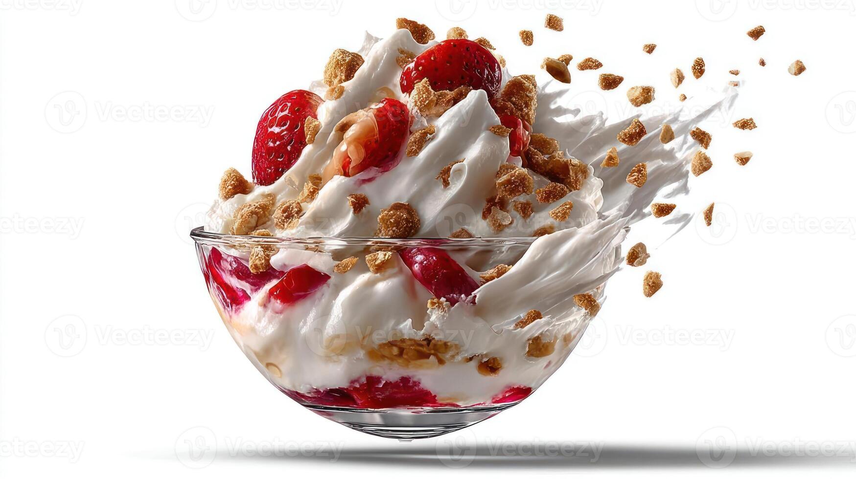 Strawberry yogurt bowl with granola and whipped cream. photo