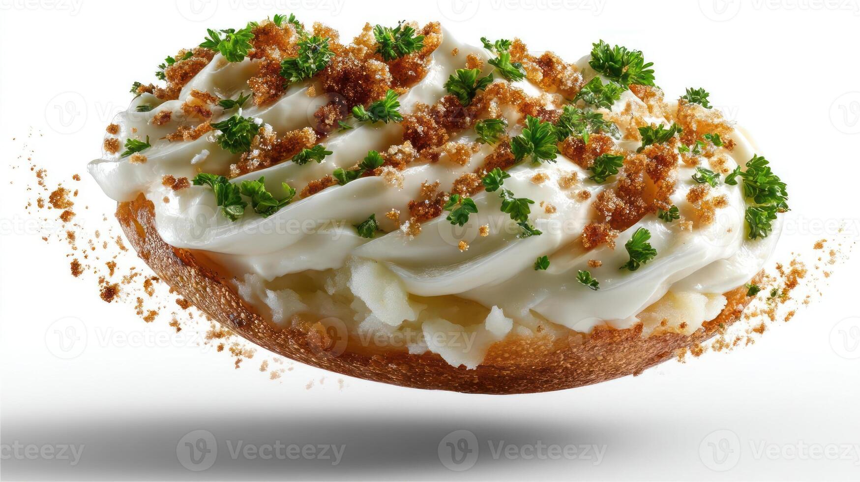 Floating bread dish with cream and herbs. photo