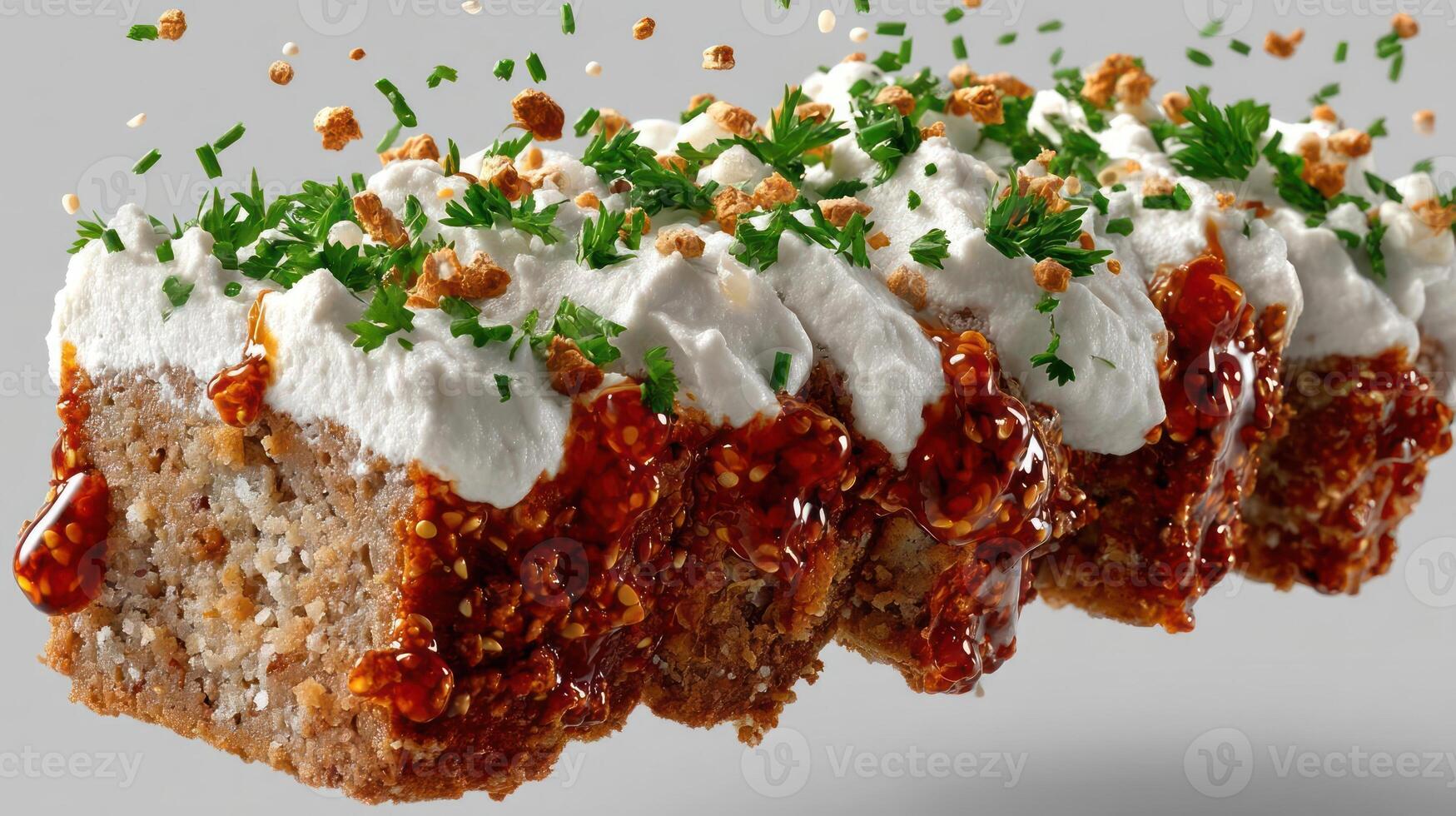Close-up of a meatloaf section with sauce and herbs. photo