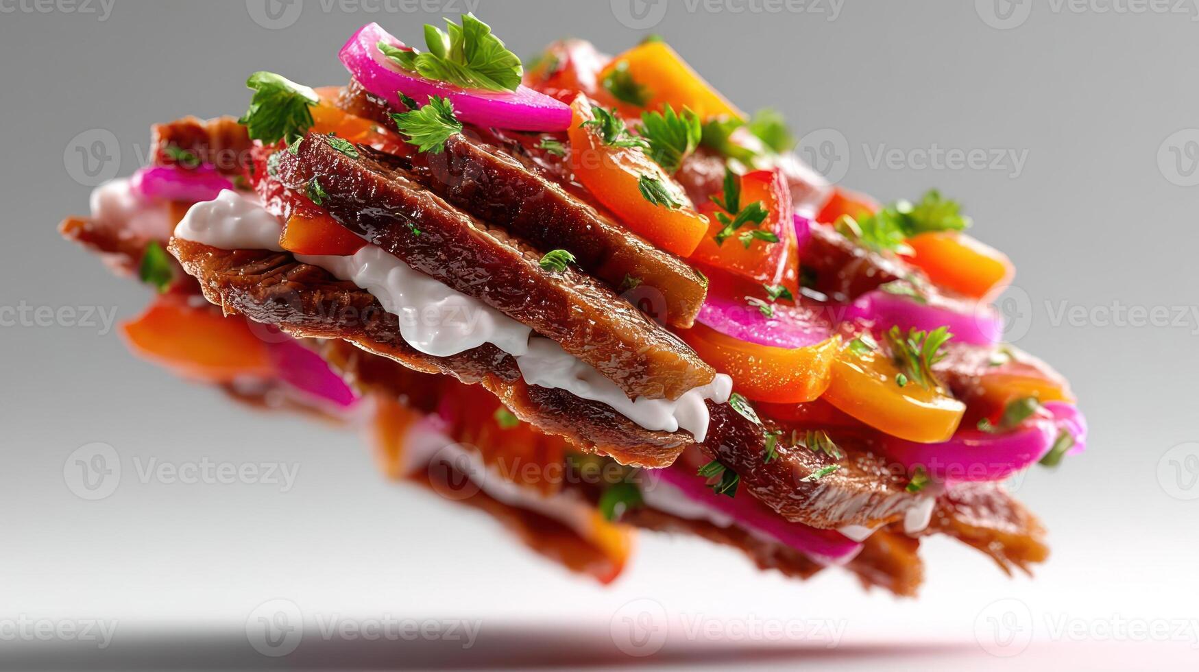 Flavored beef sandwich with red onion and herbs. photo