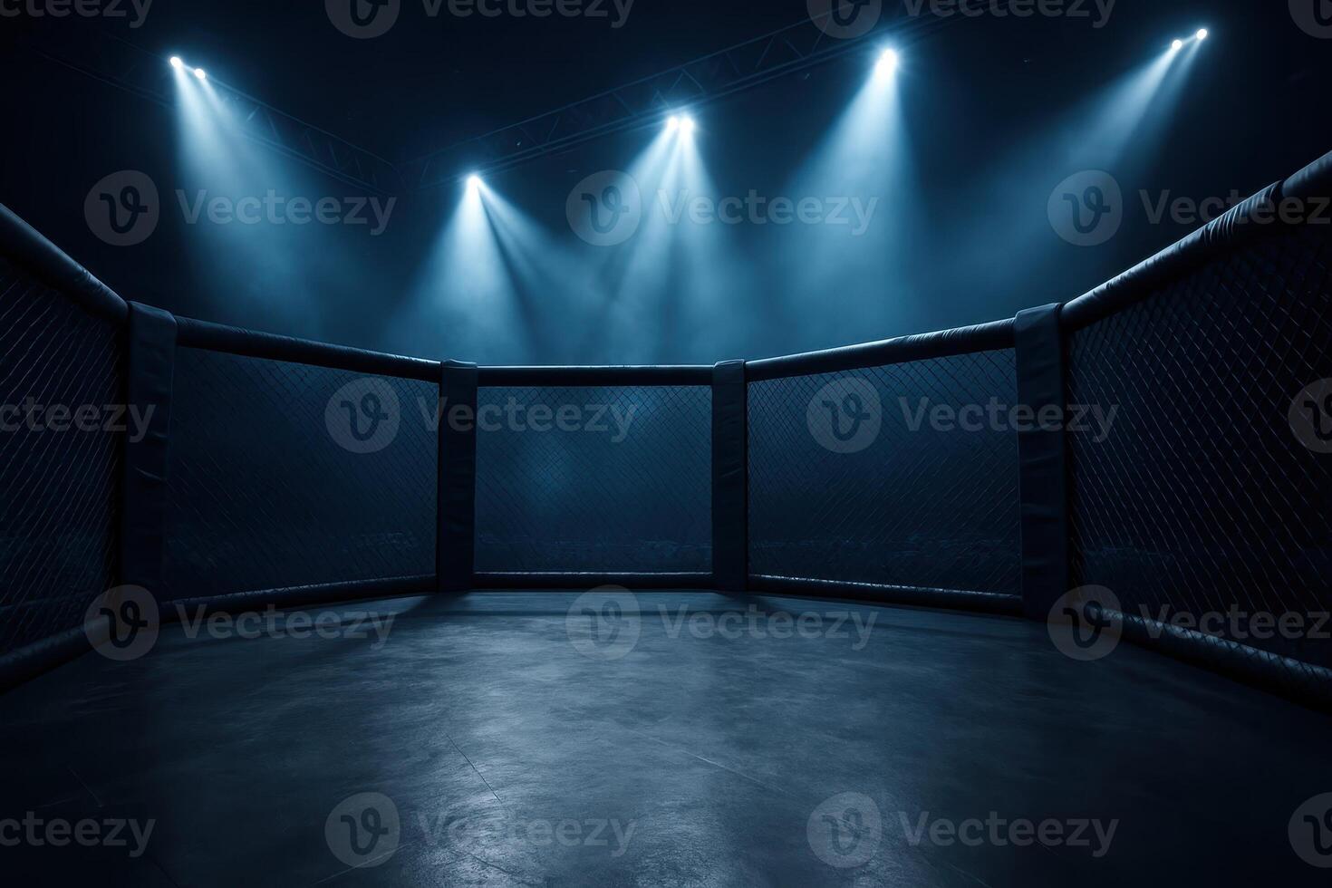 Empty MMA octagon cage in a dark arena with bright spotlights photo