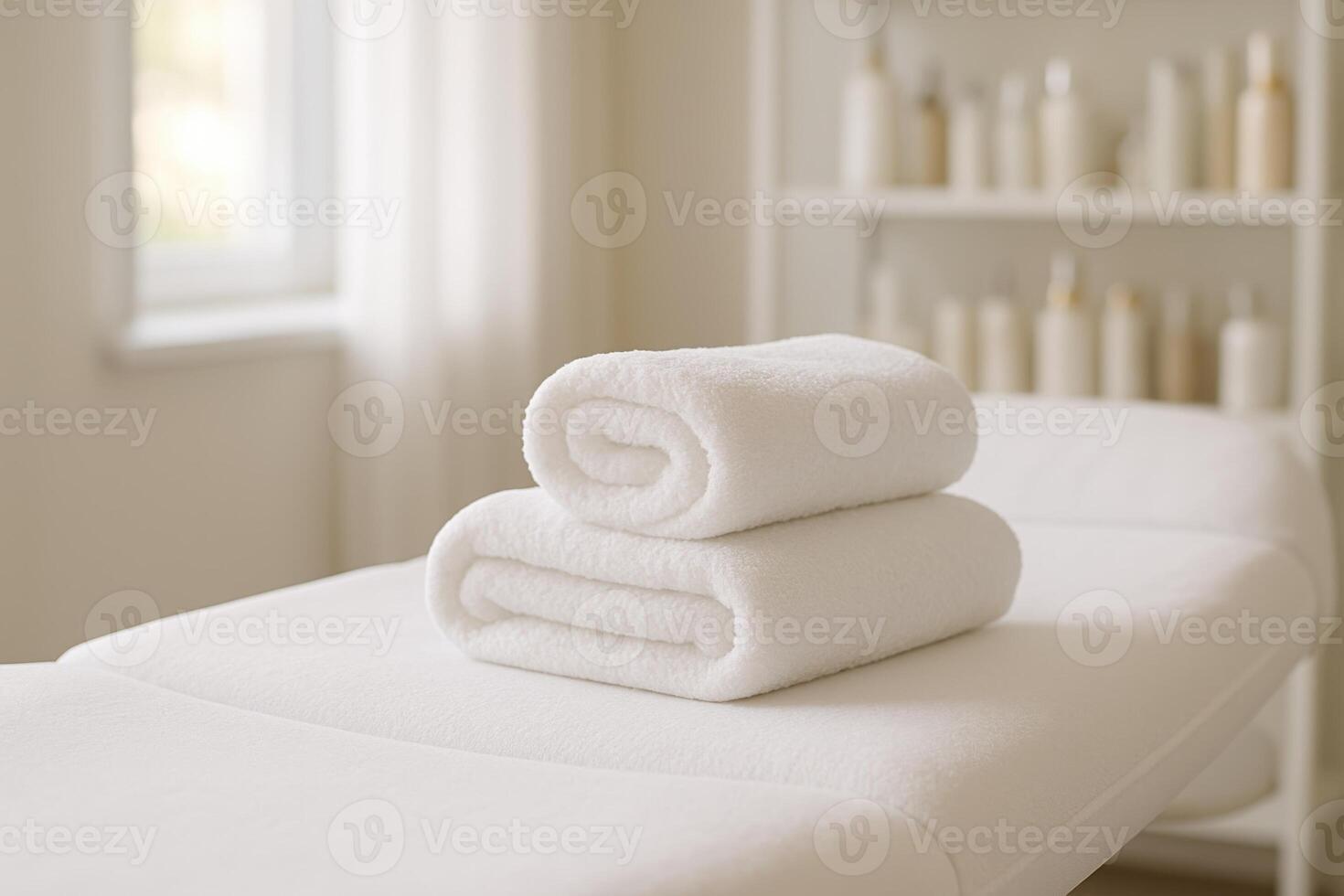 Clean white towels on a professional spa treatment bed in a bright, relaxing room. photo