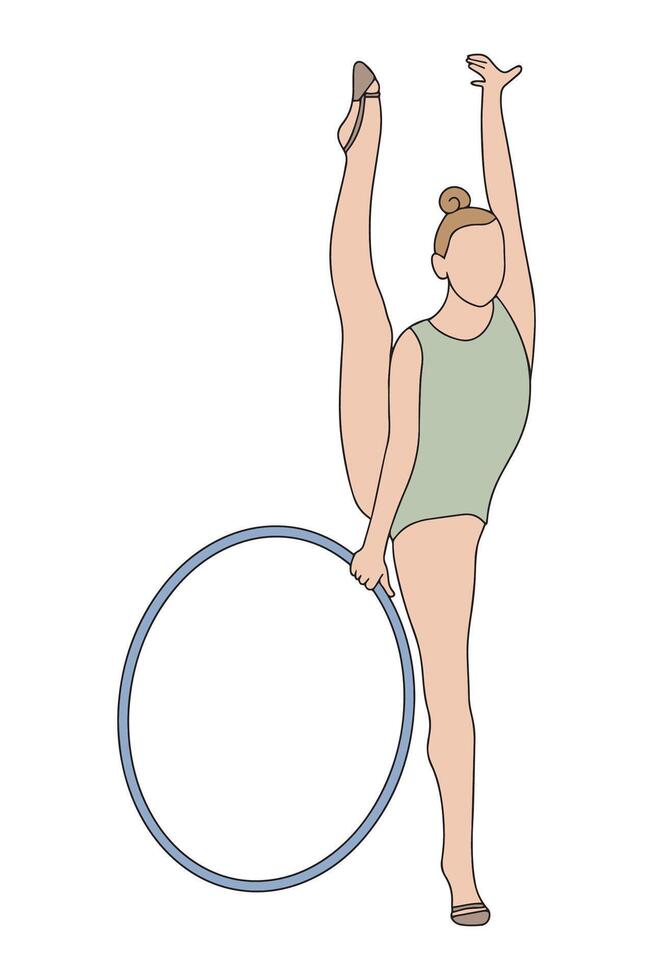 Elegant slim girl with a hoop - rhythmic gymnastics. Sportswoman with equipment in doodle style. Colored hand-drawn illustration. White background. vector
