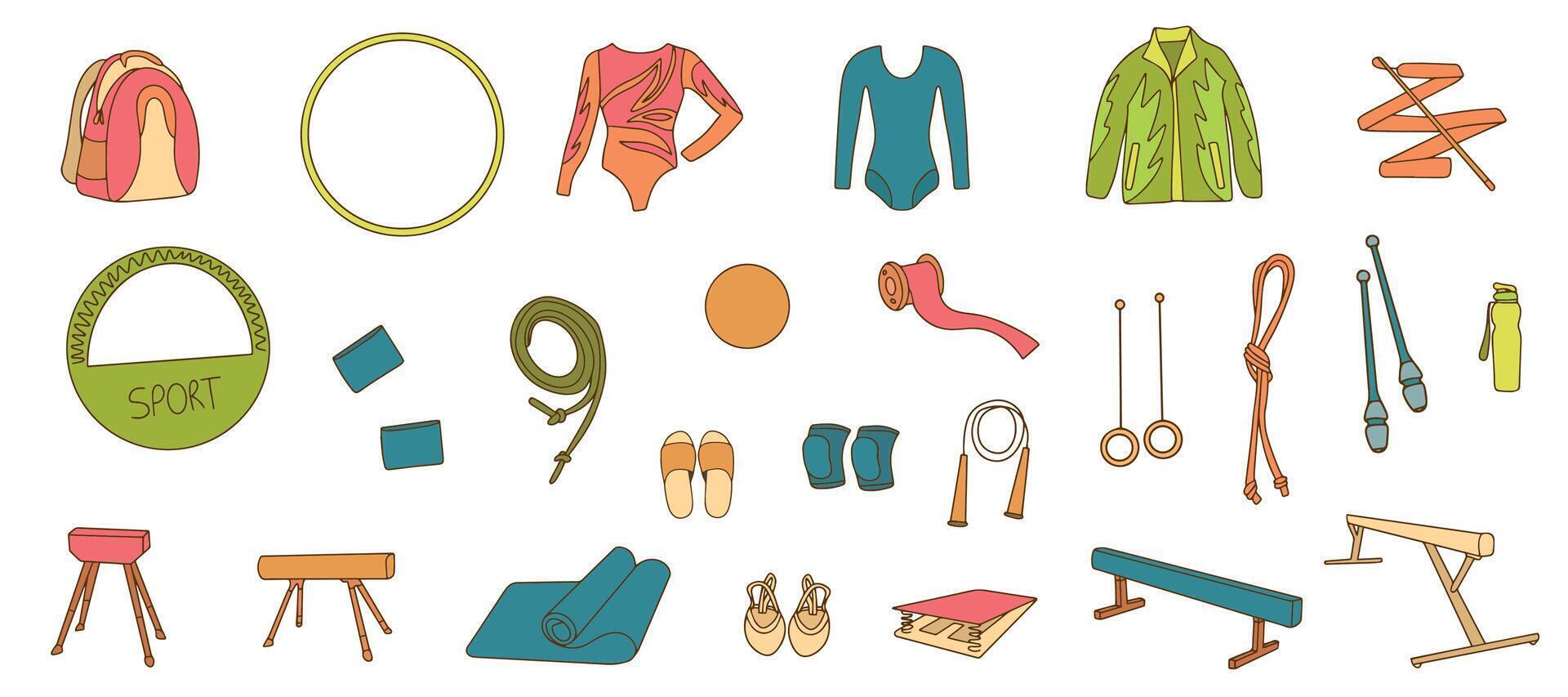 Hand drawn collection of sports equipment and clothing for gymnastics. Set of colorful objects. Illustration with sport icons . Decorative elements of rhythmic gymnastics. vector