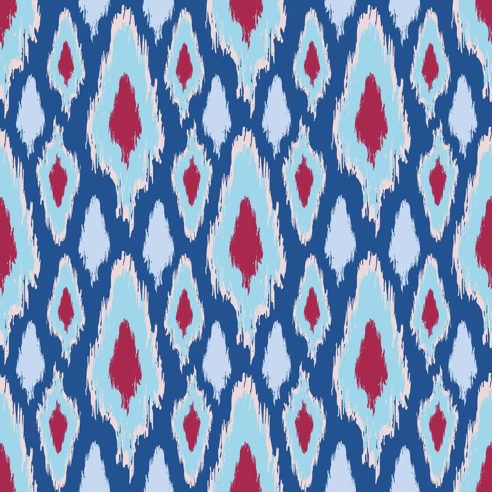 Seamless Diamond Ikat Pattern in Blue and Red. Repeat abstract boho design. Ethnic wallpaper. vector
