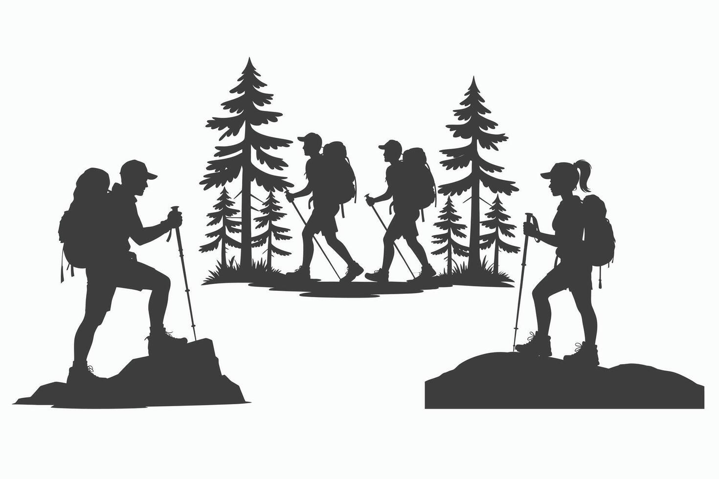 Hikers with backpacks and trekking poles walking through trees silhouette isolated on white background vector