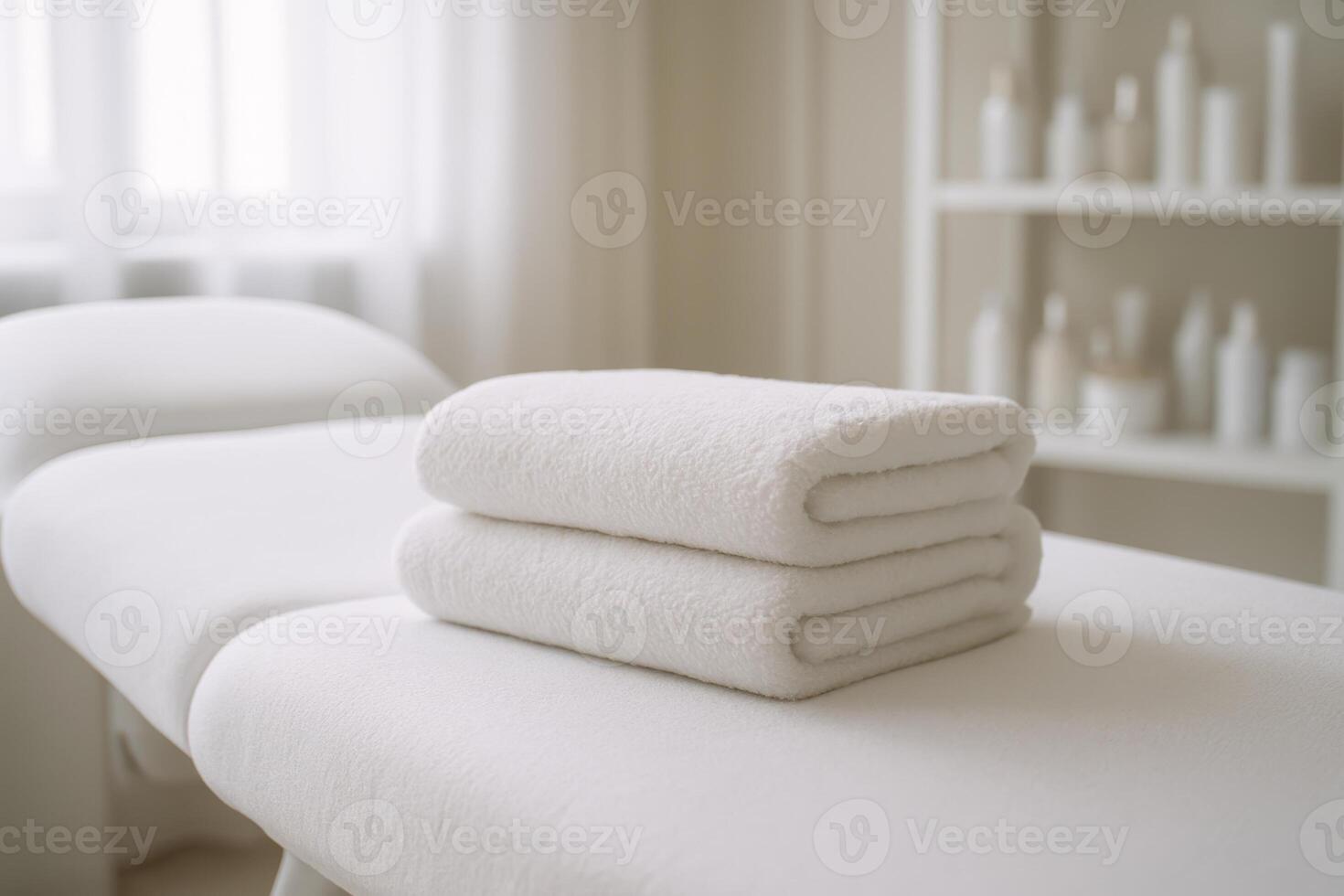 Pristine white treatment bed with neatly folded towels in a bright, clean spa room photo