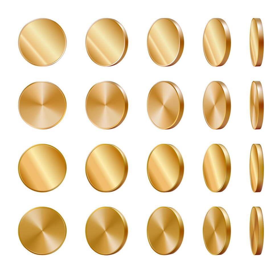Golden coin, realistic rotate set. Animation front, side view fly. 3d money game casino cash rain. Jackpot spin render. Gamble slot trophy. Empty circle medal mockup. Trophy perspective vector