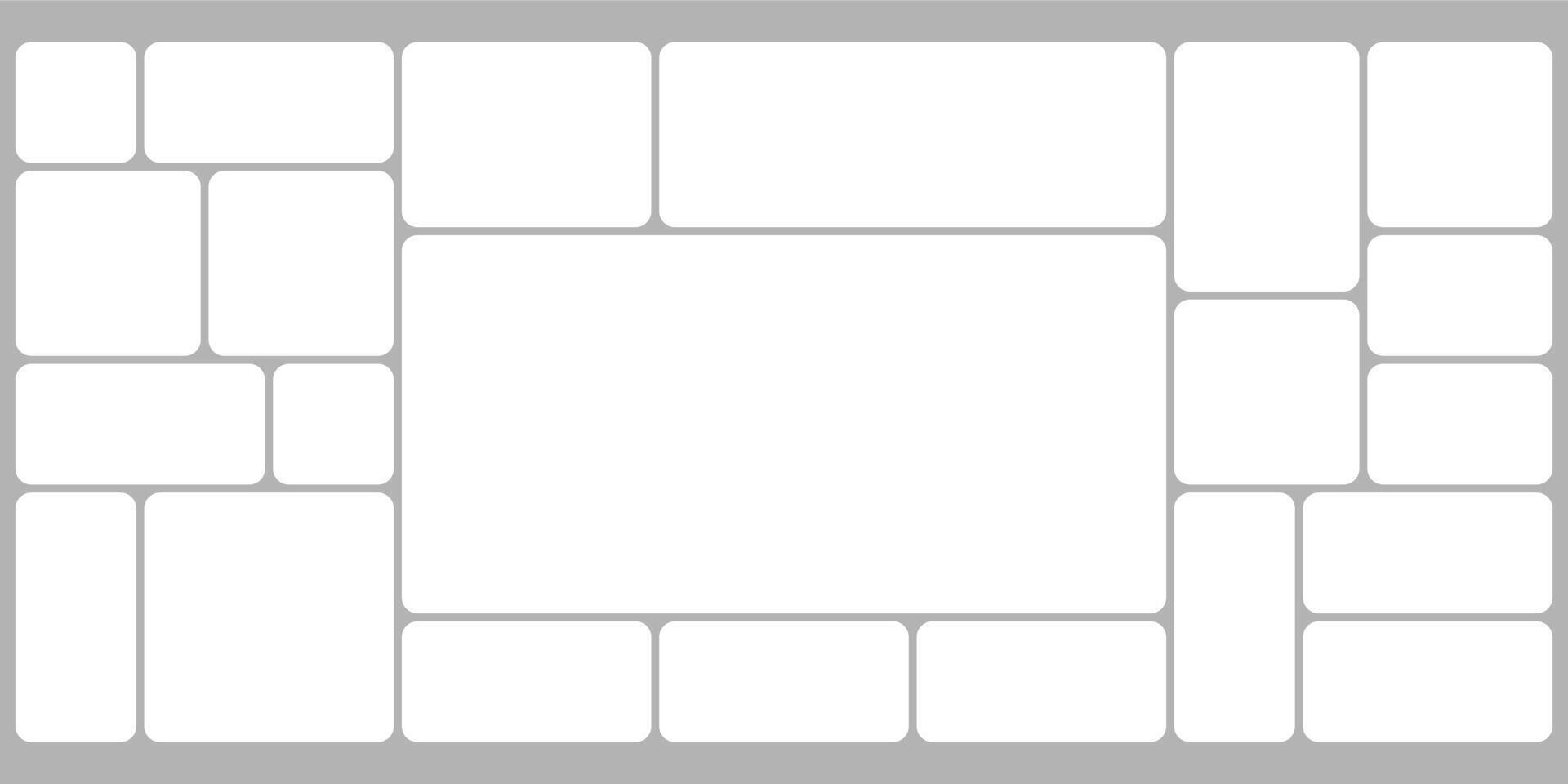 White grid design, bento box photo frame collage layout. Light mood board mockup horizontal banner. Puzzle mosaic blocks for picture gallery page. Flat graph y2k dashboard presentation slide vector