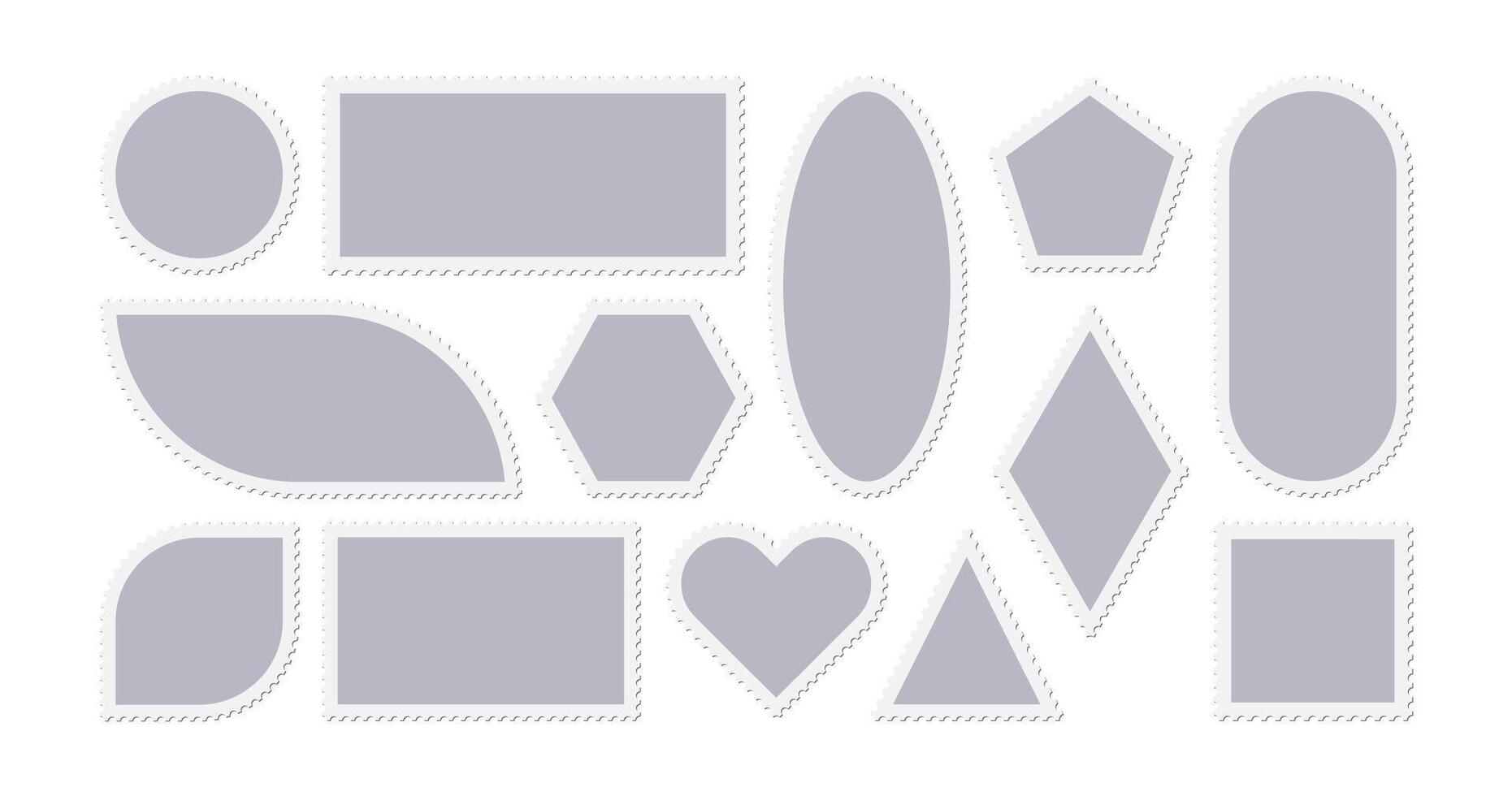 Post stamp set. Postcard delivery mark. Perforated border and rectangular square shape label. Scrapbook travel sticker, Vintage mail envelope seal. Retro shipping package postage clipart vector