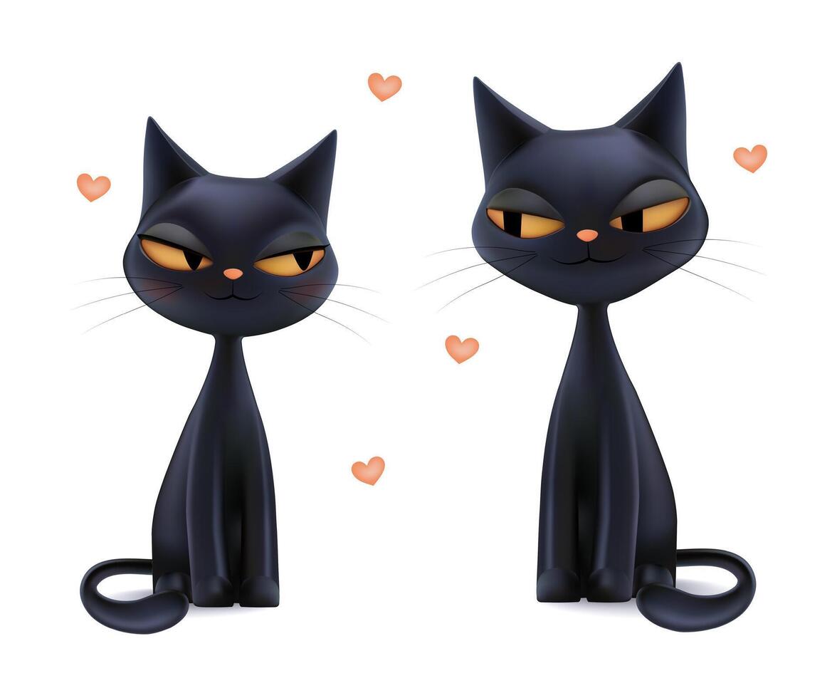 Magic cats couple in love, 3d Halloween devil cute characters. Black friday 13th, valentine animal card. Girl kitty smiling, funny sitting sticker. Heart shape flying in white bg, adorable sight vector