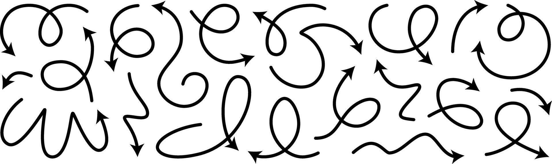 Arrow line set. Curved doodle brush element arow. Squiggly scribble direction up down abstract pointer. Change plan abstract stroke graphic sign. Curly circle looped spiral swirl map path vector