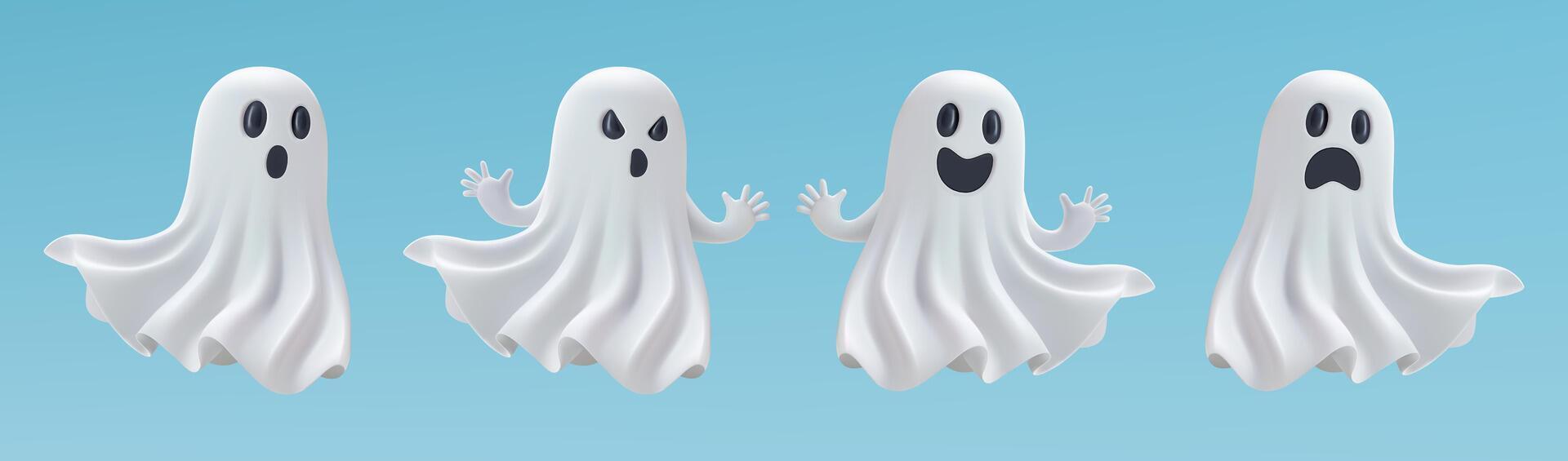Halloween ghost 3d emoji set. Flying spirit character in white sheets with cute face, smiling or sad. Scary boo sticker render. Fun monster creepy fear. Minimal evil crafted cosplay. Trick or treat vector