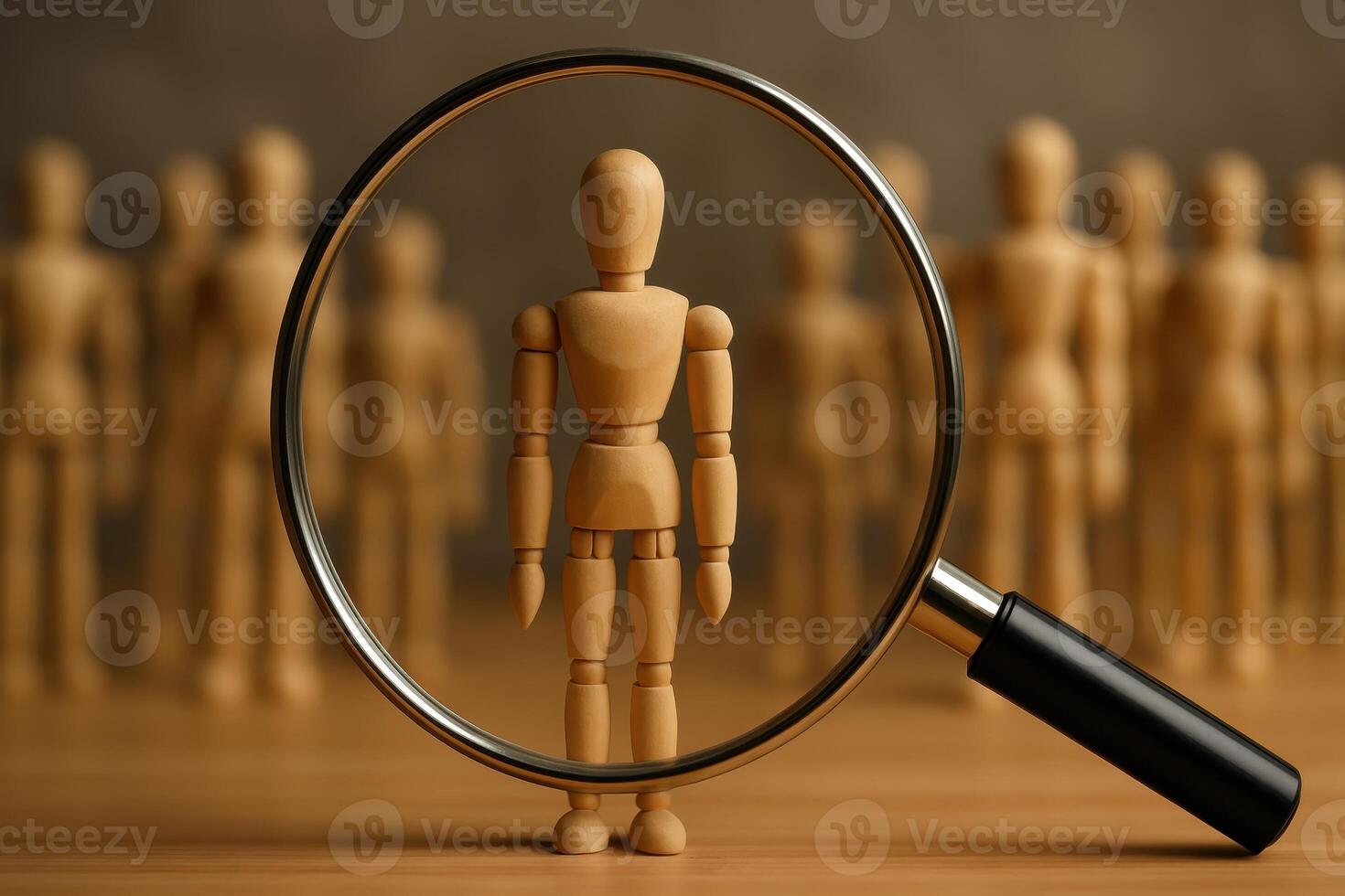 Magnifying glass highlighting a single wooden human figure among a blurred crowd, symbolizing selection. photo