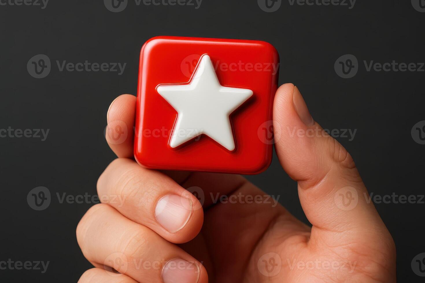 Hand holding a glossy red square icon with a white star symbol photo