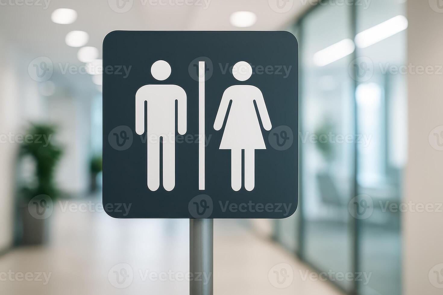 Dark gray restroom sign with white male and female symbols in a modern office hallway photo