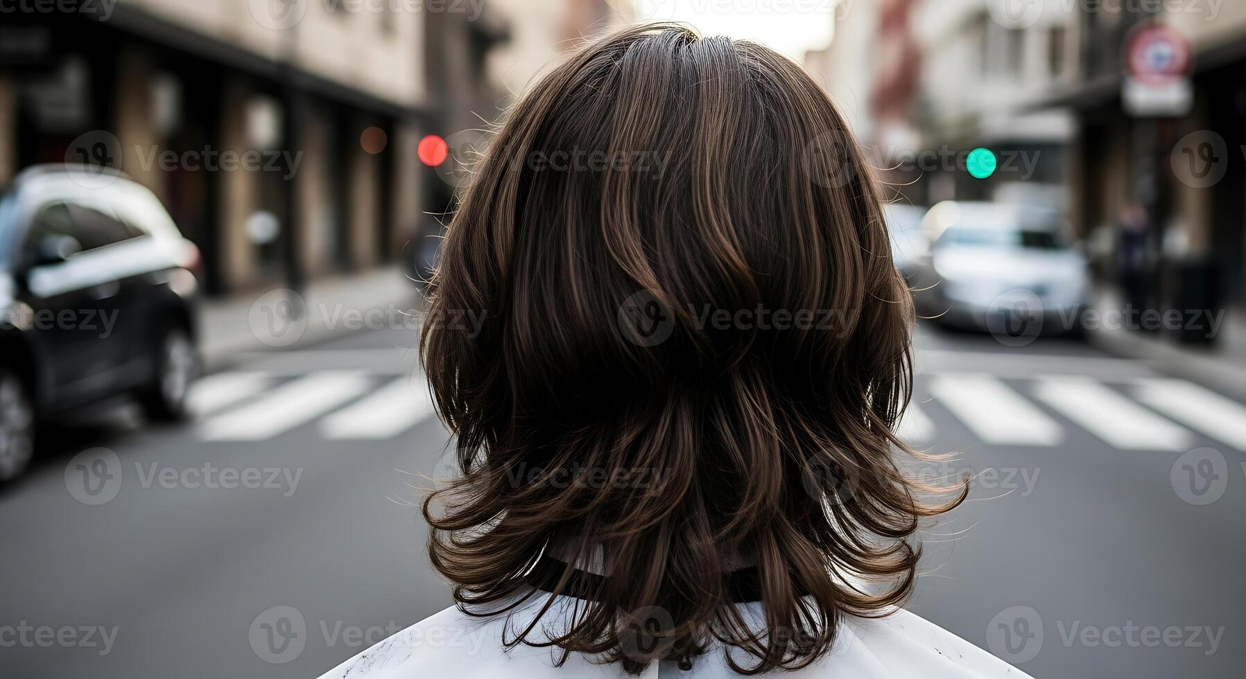 A woman with long hair standing in the middle of a city street photo