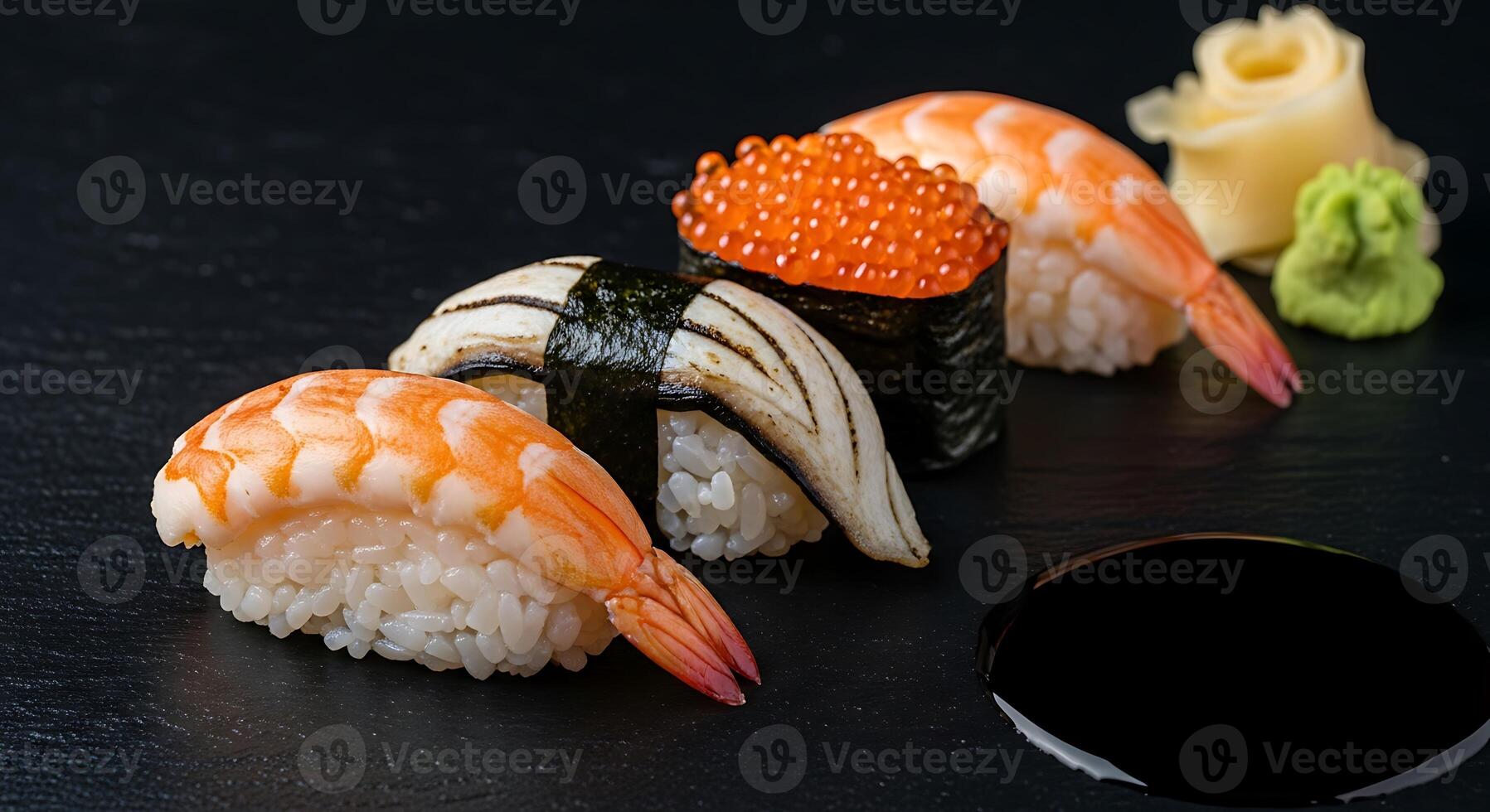 Sushi with shrimp and vegetables on a black background photo