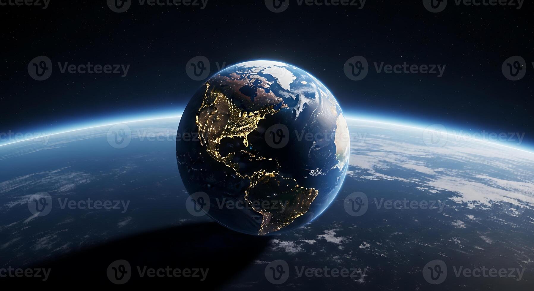 The earth is seen from space with the sun shining photo