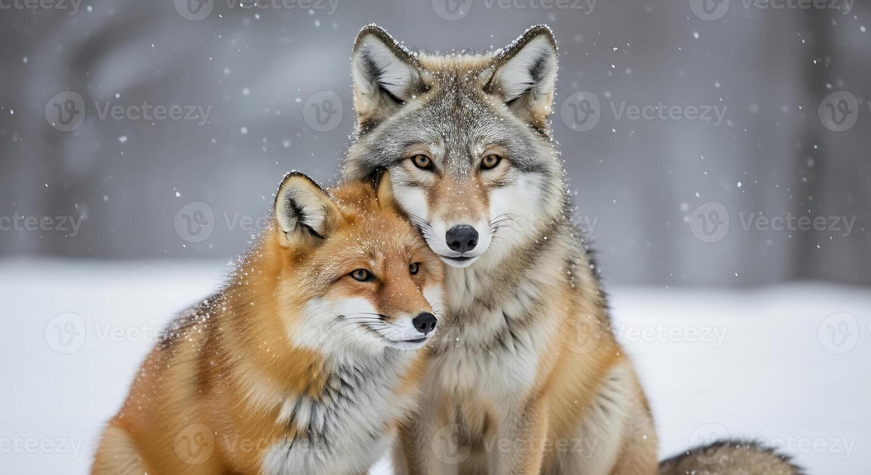 Two foxes sitting together in the snow photo