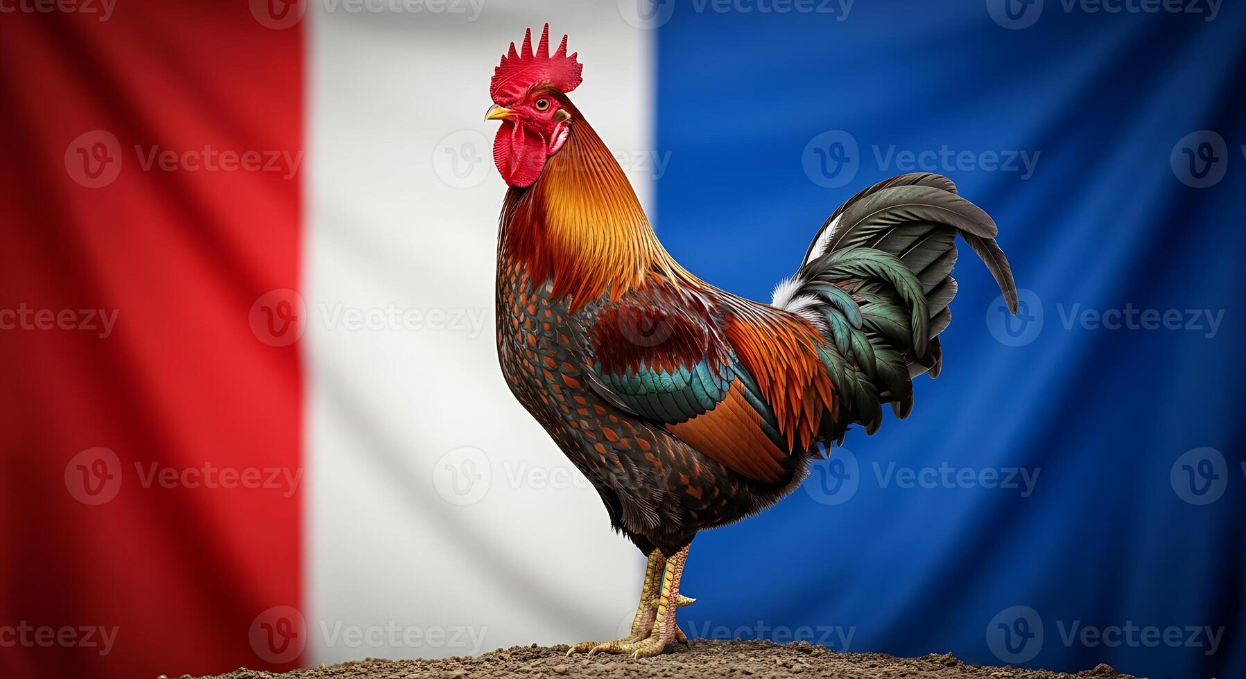 A rooster stands in front of the french flag photo