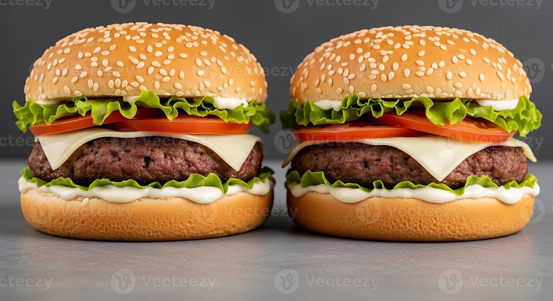 Two hamburgers with cheese and lettuce on them photo