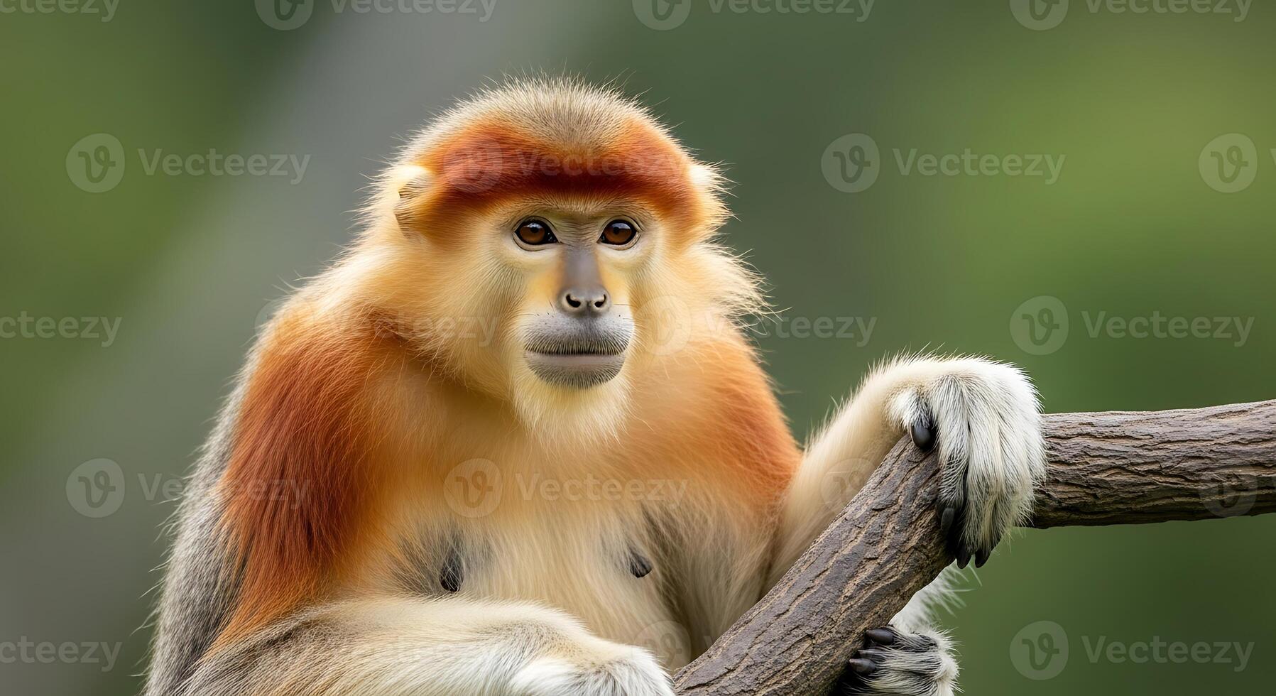 A monkey with a red head and orange body photo