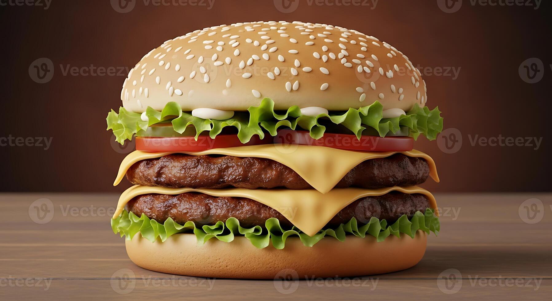 A large hamburger on a wooden table photo