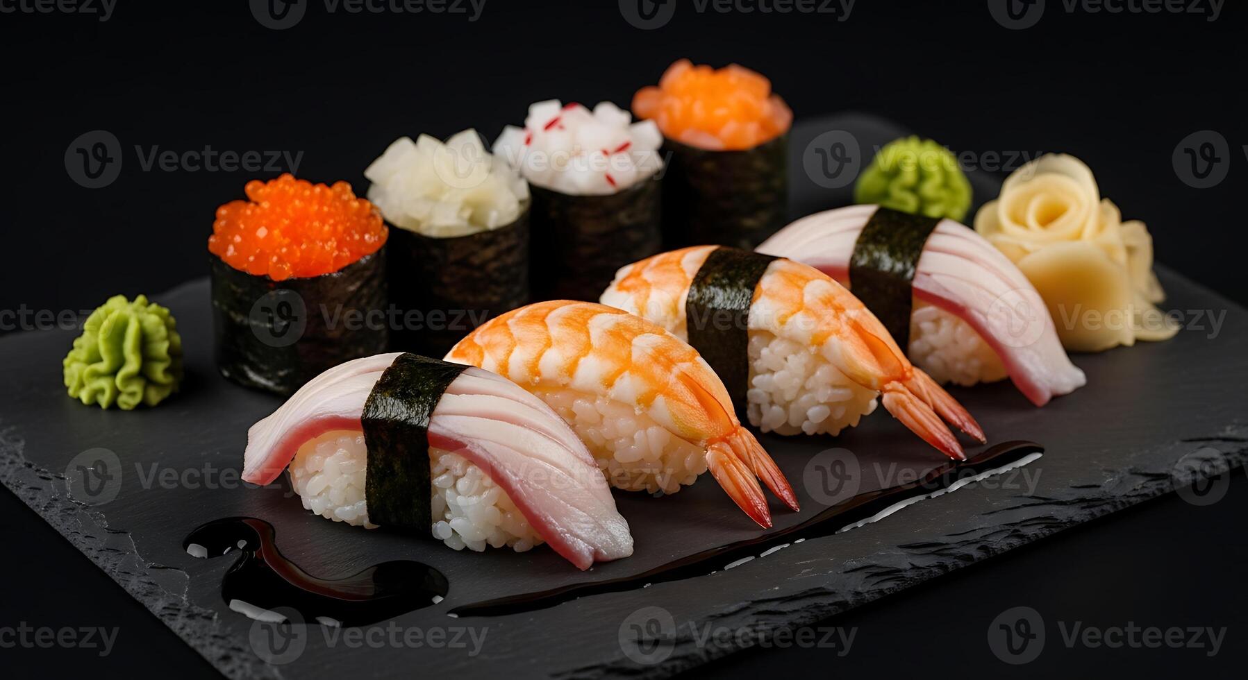 Sushi on a black slate plate with sauce photo