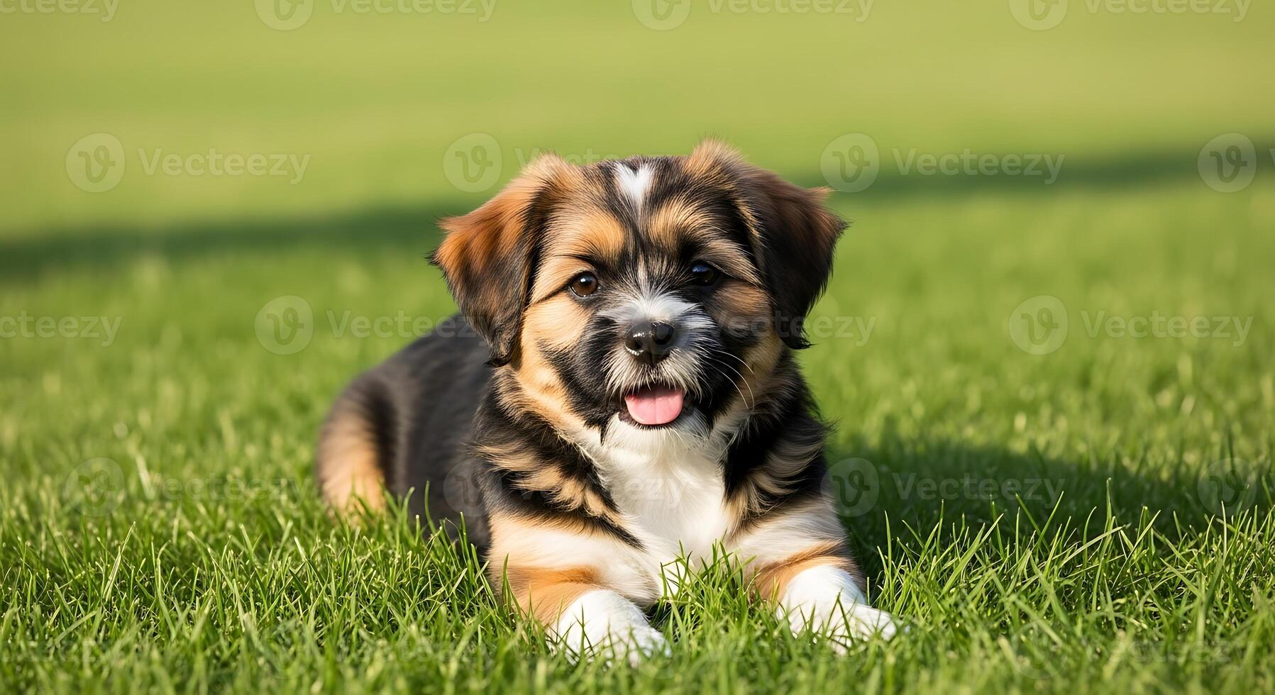A small brown and black dog laying in the grass photo