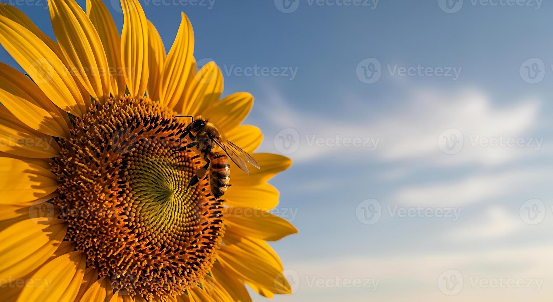 A bee is on the center of a sunflower photo